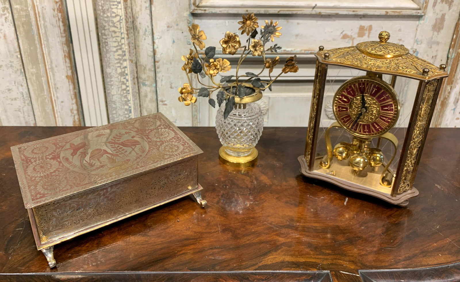 Nice 3 Piece Shelf Lot: Silver Plated Cigarette Box, Crystal And Bronze Vase, And Embossed Brass Bride's Clock.