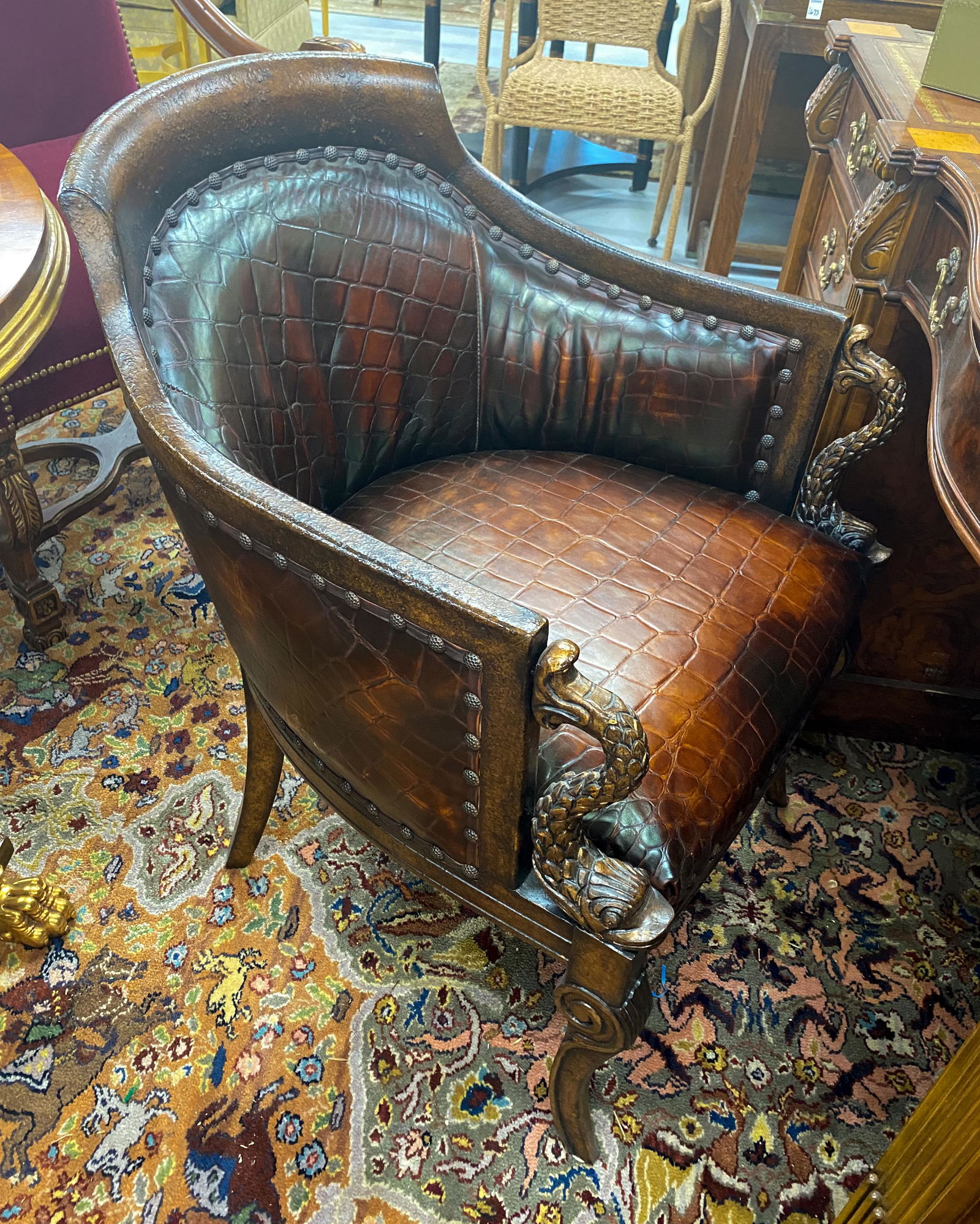 High-end Carved Armchair: 20c, Likely Maitland-smith; Excellent Condition. Faux Croc Seat.