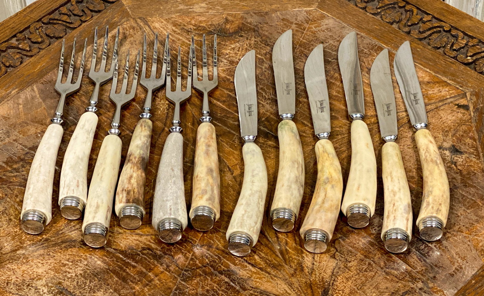 Neiman-marcus Flatware In Horn: Steak Knives And Forks As Pictured