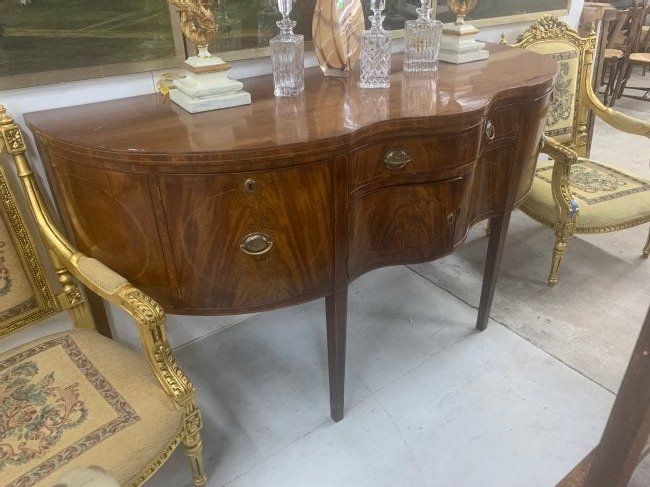 19th Century English Sheraton Sideboard: 76 W X 29 D X 40 H. Structurally sound. Age crack on top and some loss to veneer on front near doors. See attached.