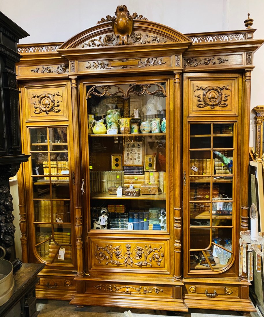19th C French Bibliotheque: 9 feet high x 92 wide x 24 deep. Excellent patina and condition. Buyer should plan for professional moving crew to disassemble this piece as we do not have extra help and are under Covid guidelines.