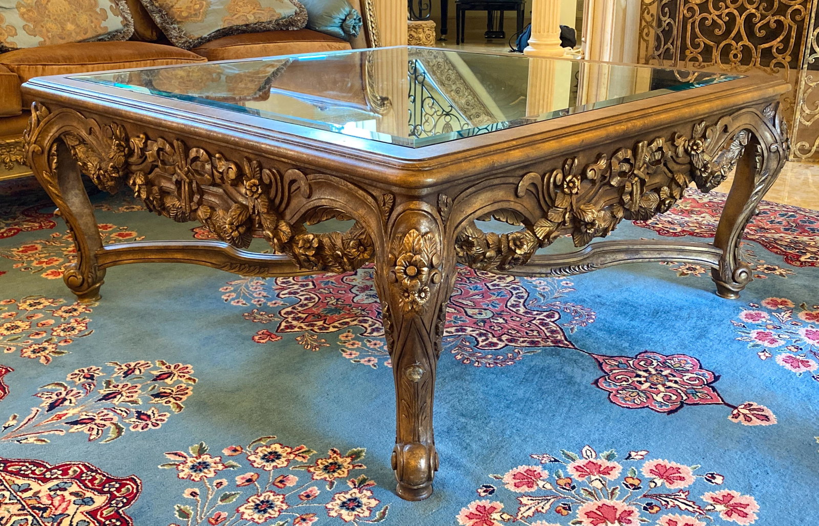 Nice Carved Wood & Glass Coffee Table: 50x50 20c Excellent Condition