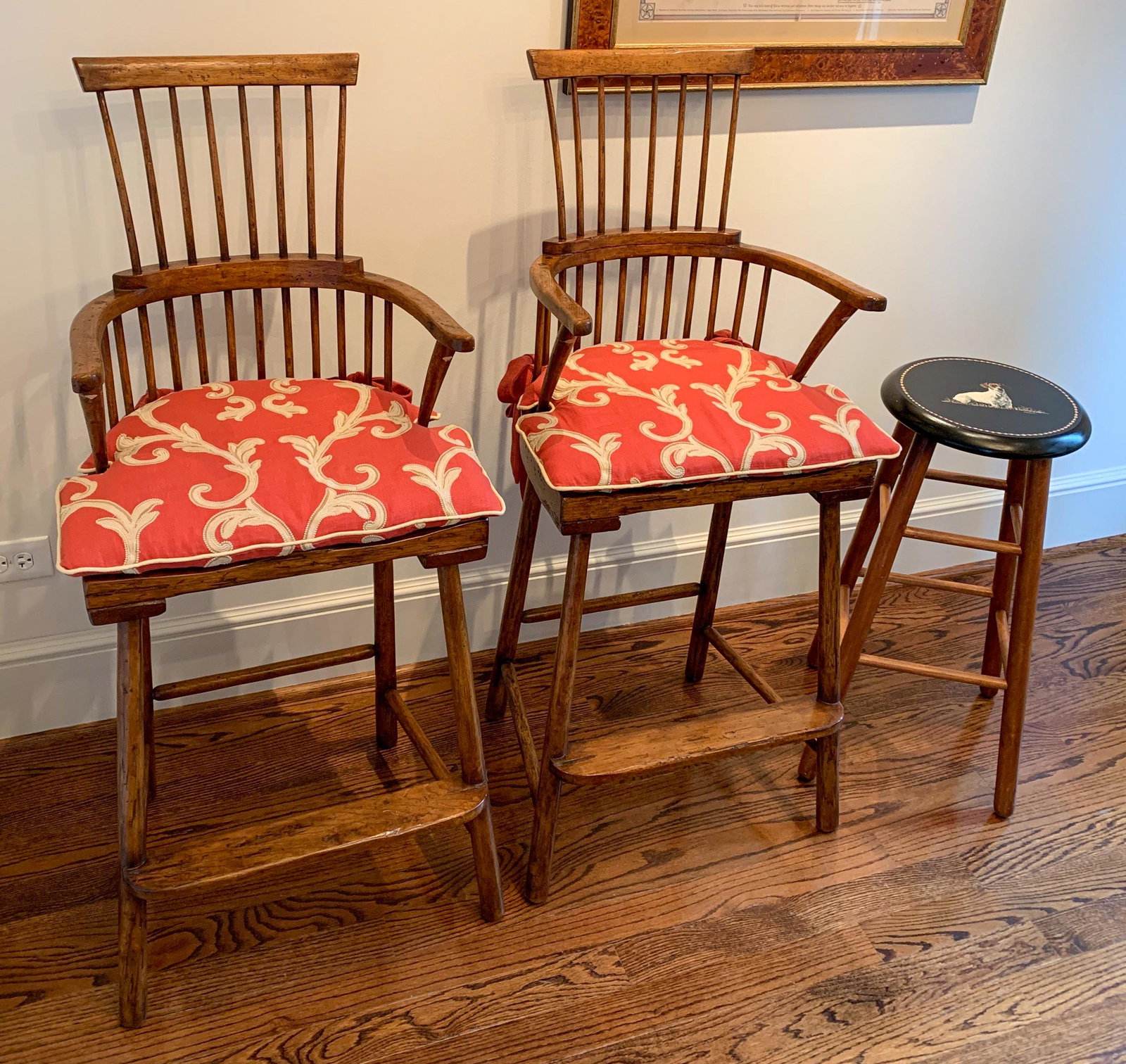 Pair Of English Oak Windsor Style Bar Stools: & A Painted Stool By Baldwin Pair 18.5w X 16.5d X 48h Stool 13w X 13d X 29h (3 pcs). The back of one windsor has been repaired.