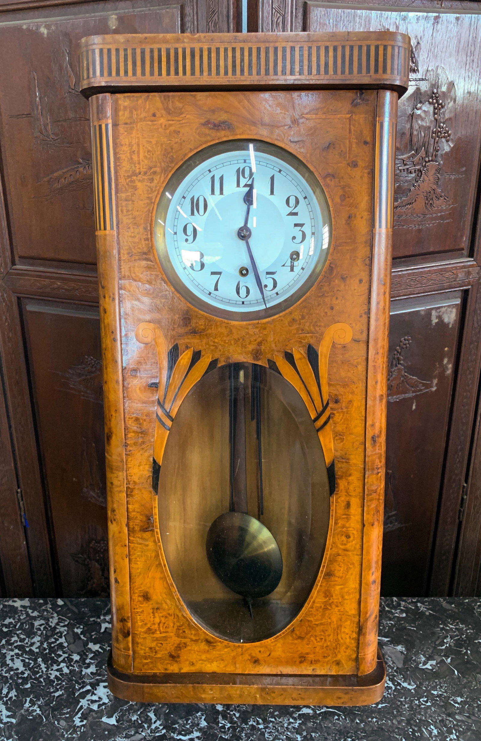 Nice Antique German Box Clock: In Art Nouveau Burl walnut vase with key and pendulum 32 x 12 x 7 d