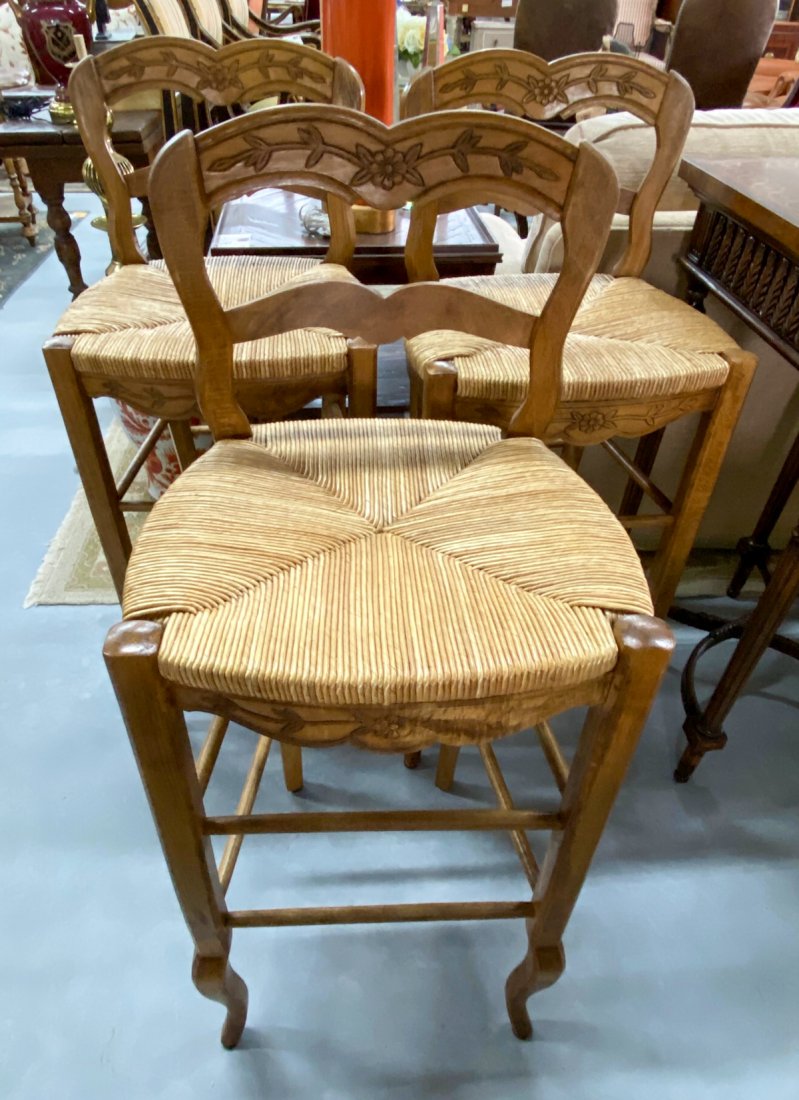 A Set Of 3 Provincial Style Barstools: ladderbacks with rush seats. 42h x 17x 16 seat height is 30.5