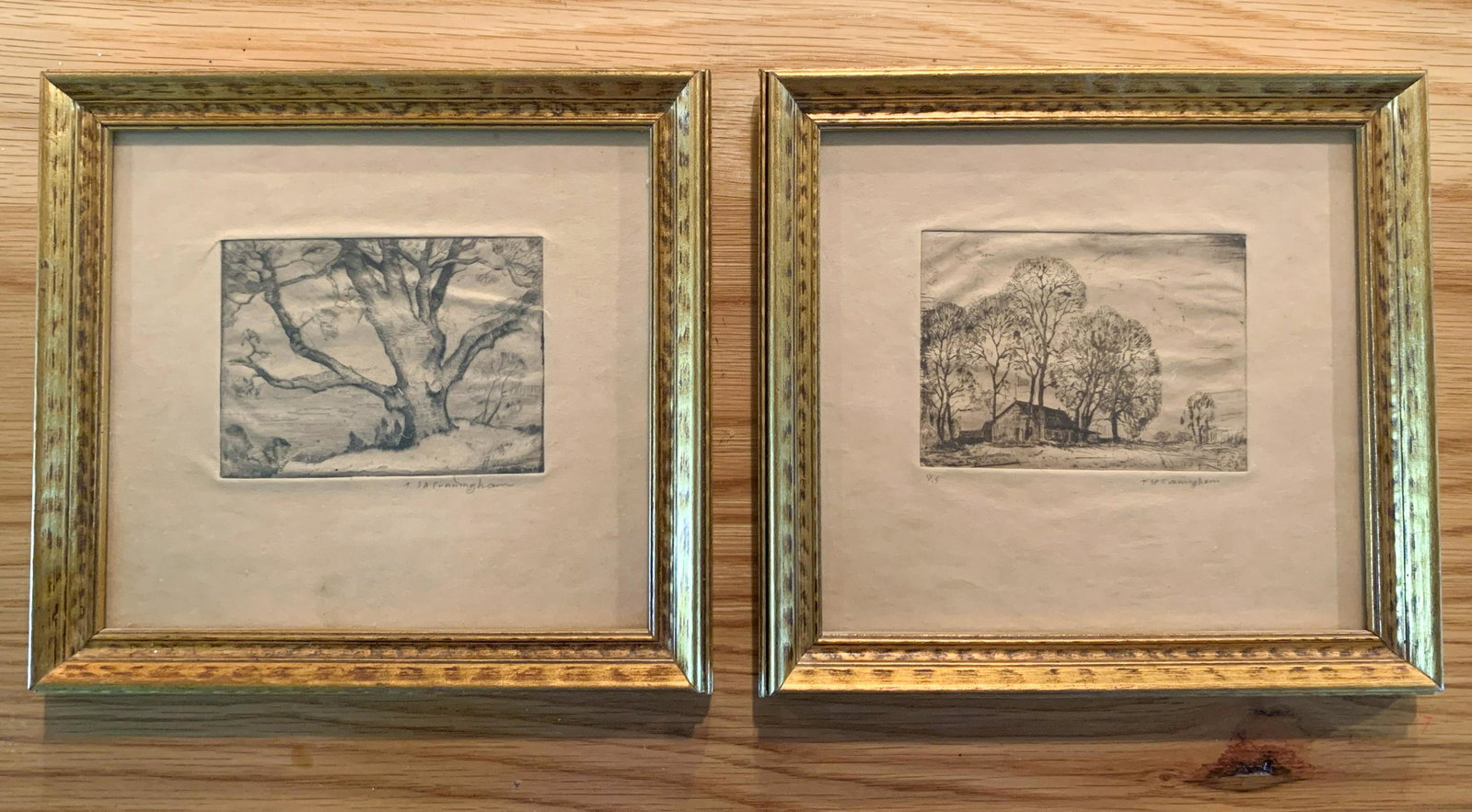 Cunningham, Theodore Saint-amant: Listed Texas Artist. Pair of early 20th c. pencil drawings, matted and framed. 8w x 7.5h each in frame. (Artist list in Dictionary of Texas Artist, 1800-1945, page 25).