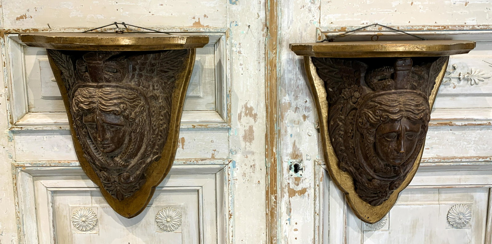 Good Pair Of Continental Carved Wood Corbels: Carved Oak ; Good Size ; 21 H X 17 W X 7 D