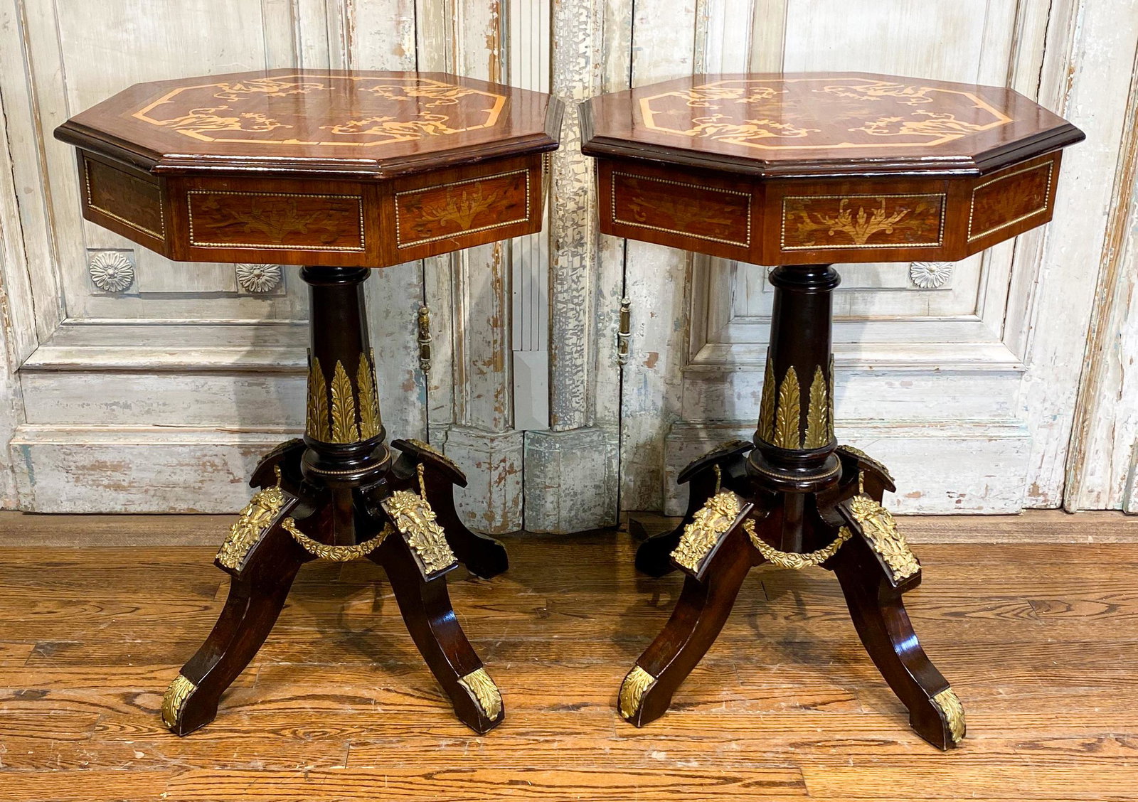 Pr Of French Style Octagonal Side Tables: 20c, with inlays and brass trim. 23x31.5