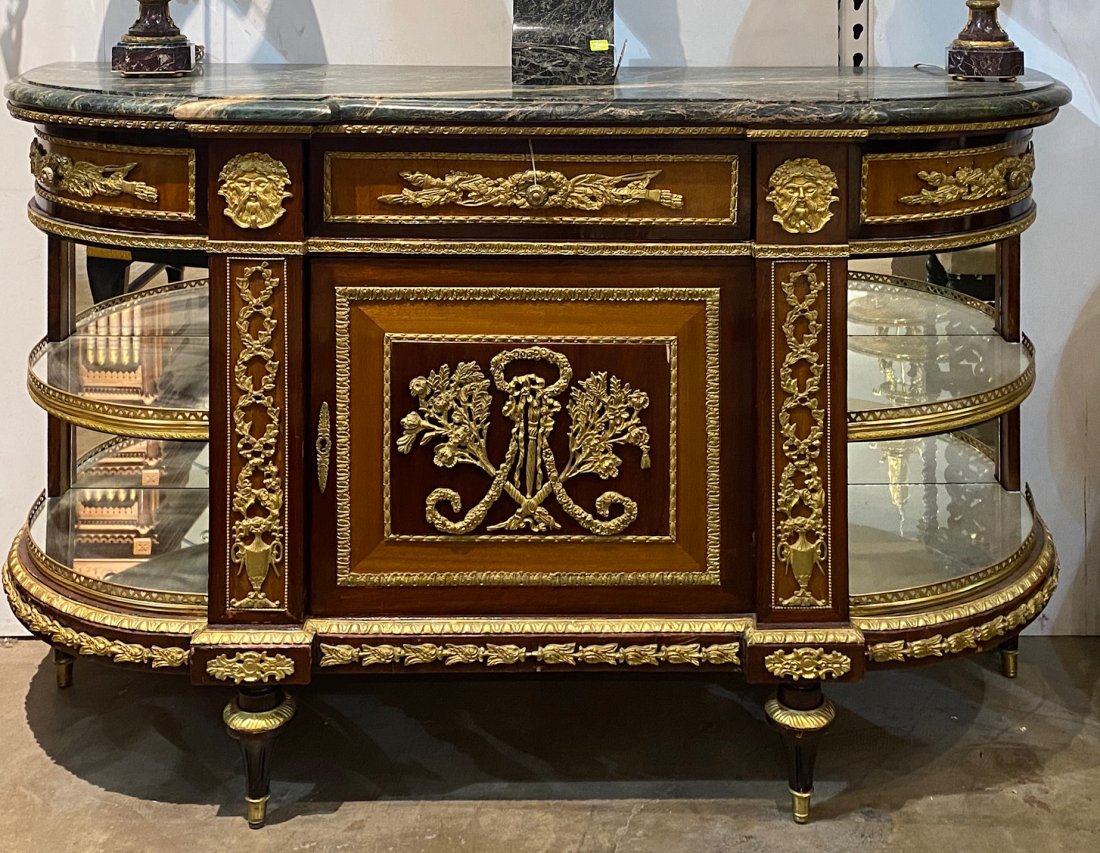 French Style Transitional Credenza: Mounted With Bronze And Verde Marble Top, 62l X 20d X 39h; Good Condition
