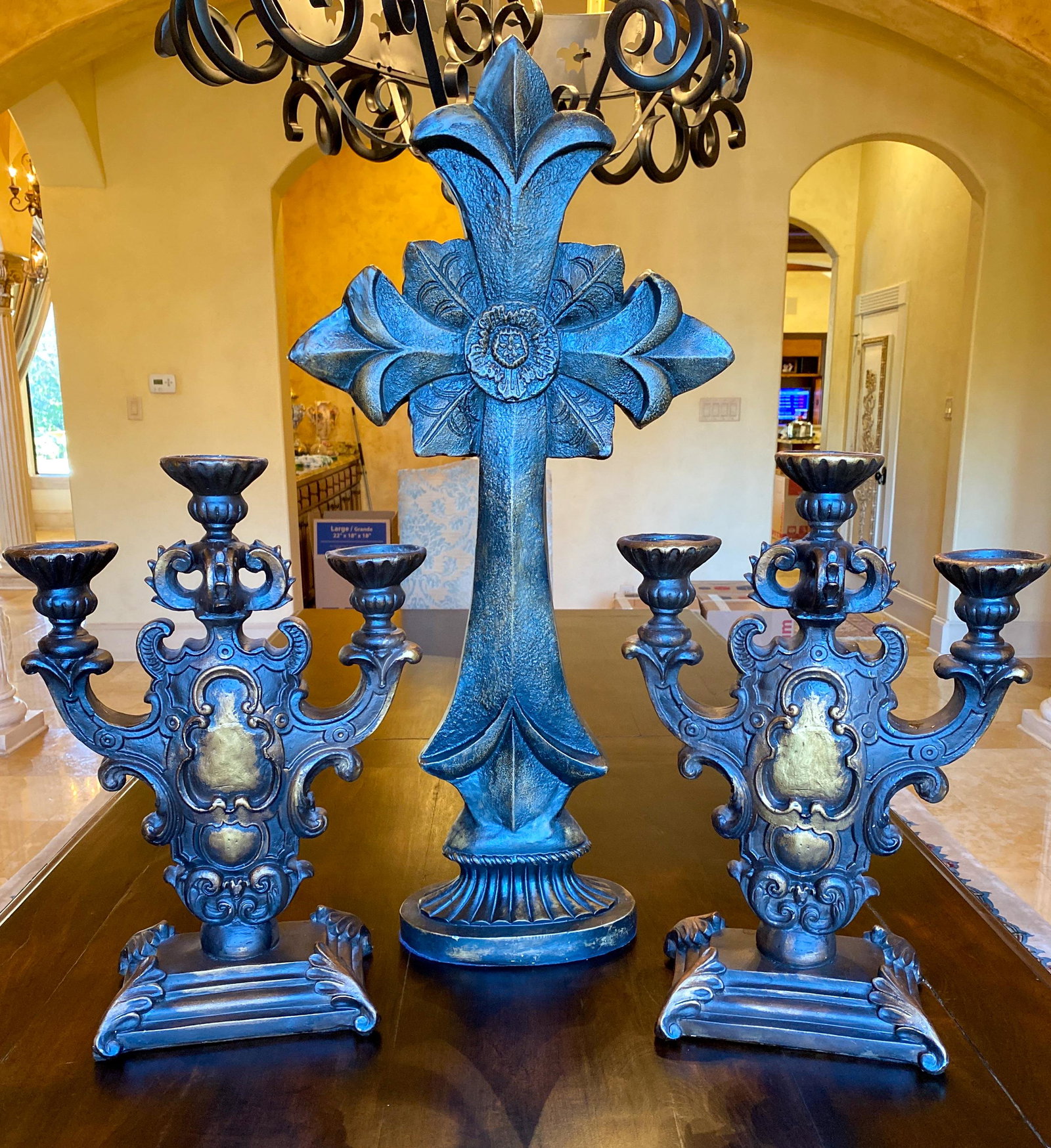 Lot Of 3 Decorative Items: Cross And Candelabra 20c; Spelter. 36h