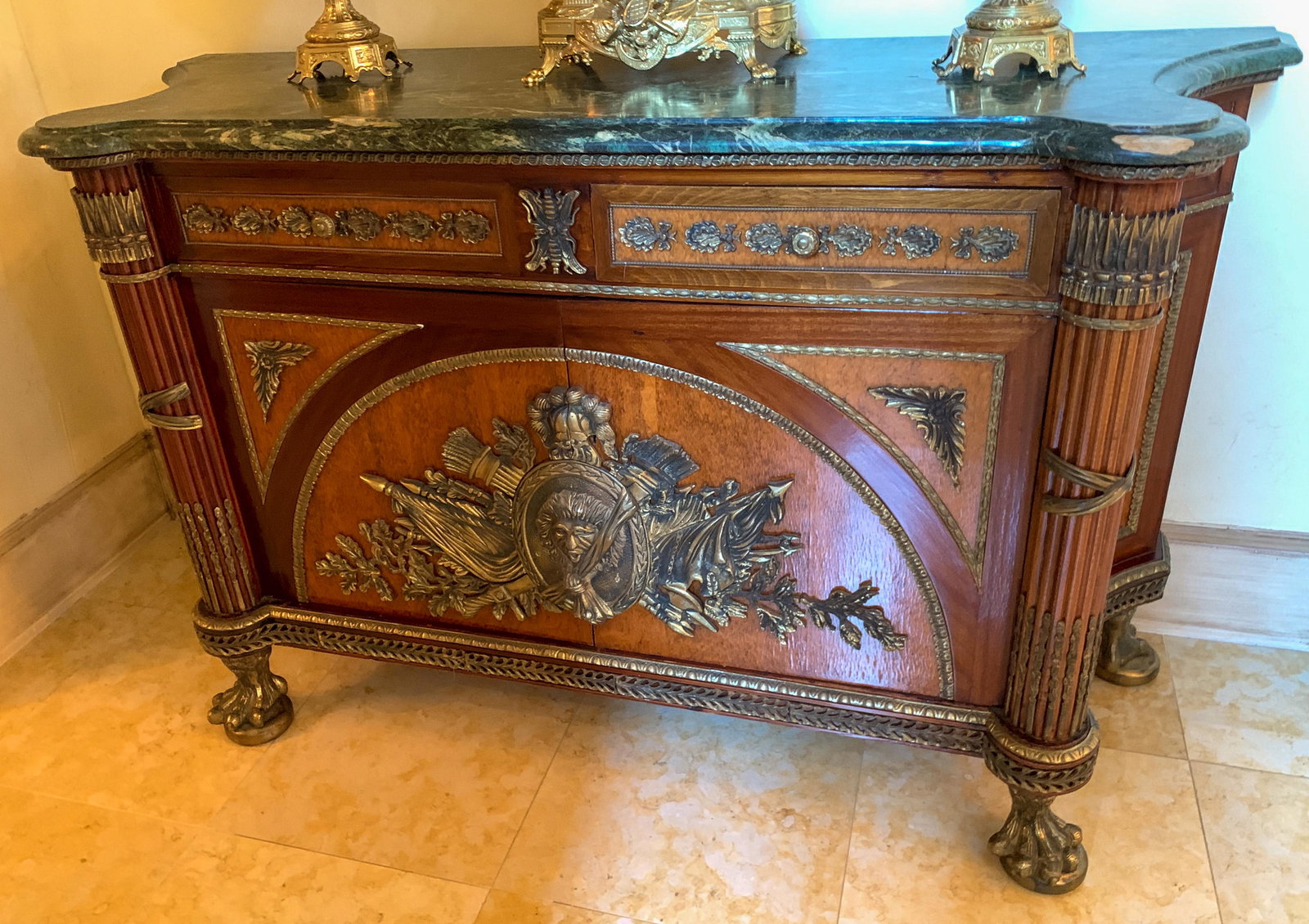 Large French Style Bronze Mounted Commode: Verde marble top, good condition, 64 long by 21 days or 38 hi