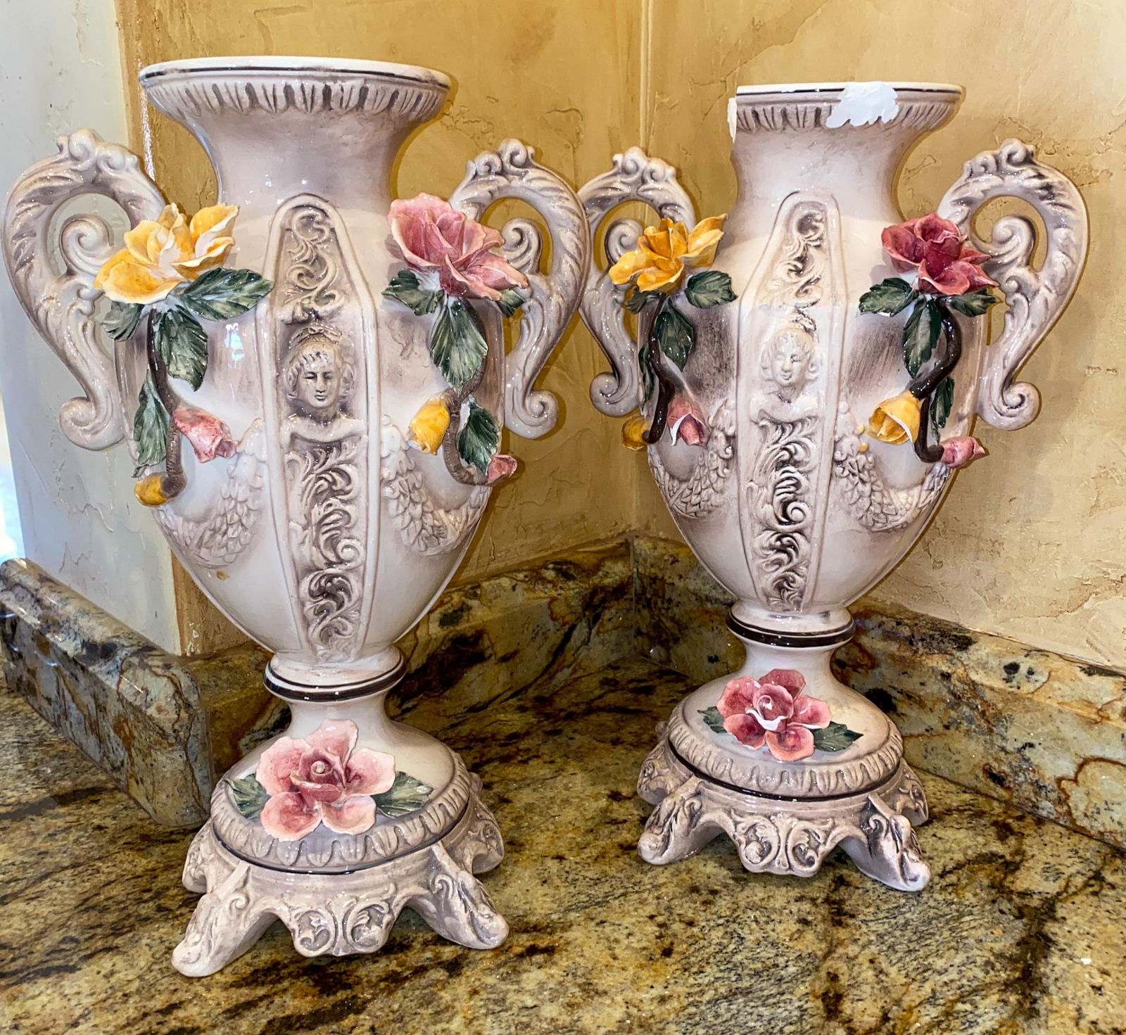 Pair Capodimonte Urns: One damaged, see photos 18.5 h 20c