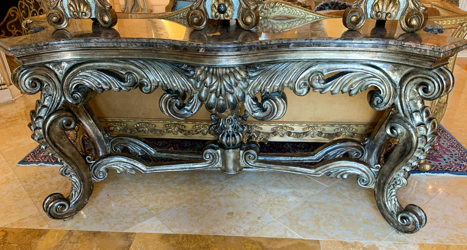 Large Venetian Design Marble Topped Credenza: Silver Leaf Finish, 74 Long X 22 Deep X 36 High 20c