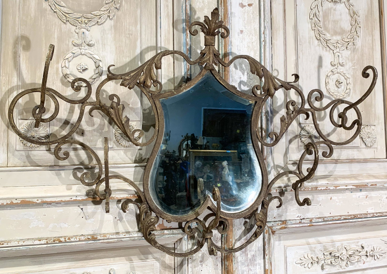 French Wrought Iron Mirrored Hanging Hat Rack: 39 x 26