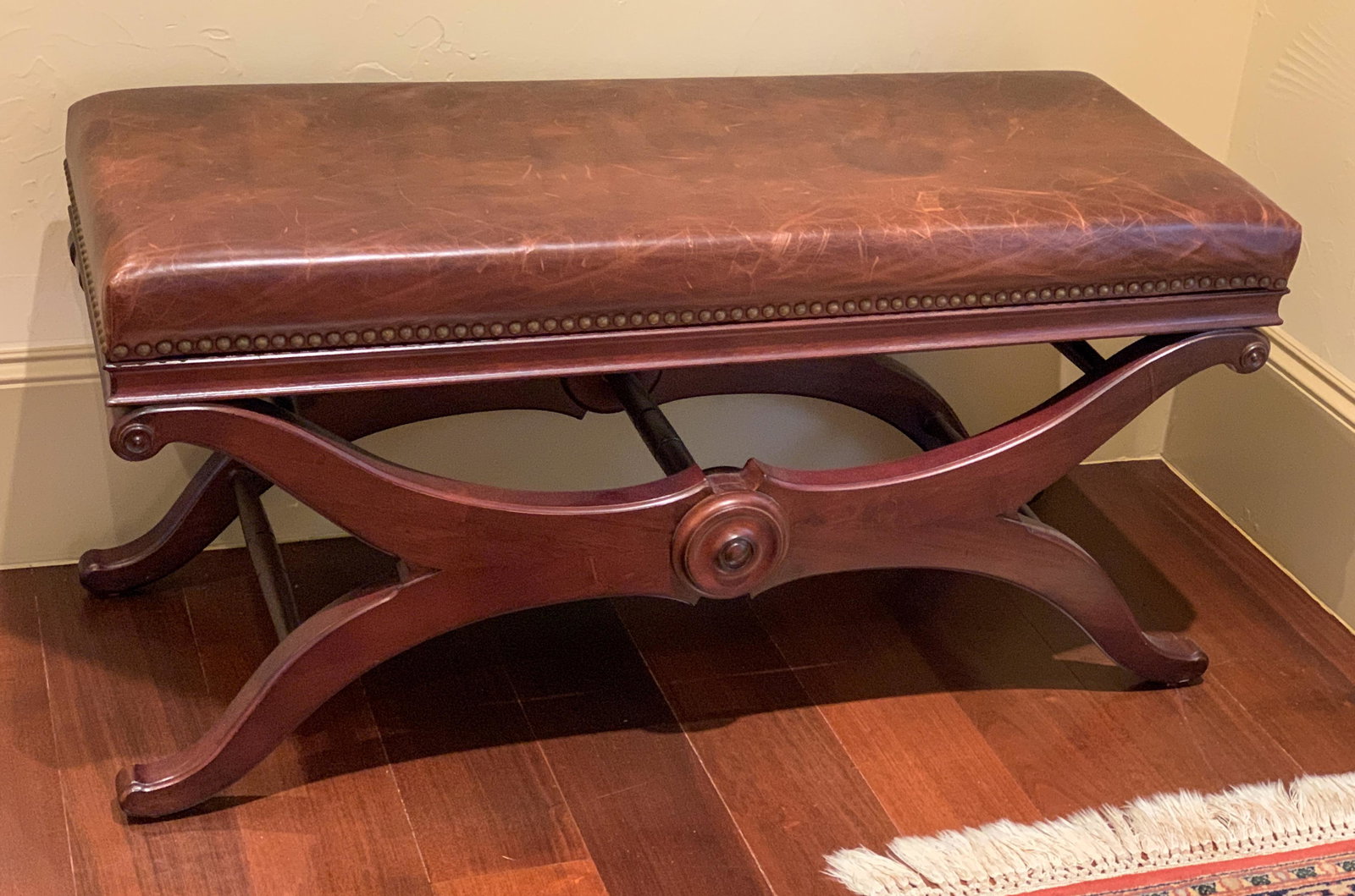 Wood And Leather Bench: 37w x 15d x 19h
