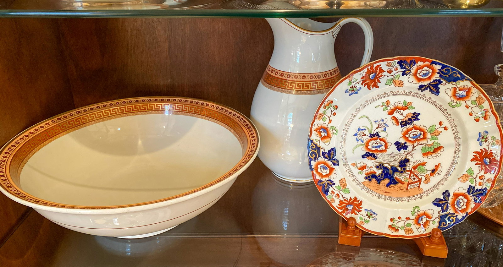 3 Piece Antique Pottery Lot: Copeland Wash Basin And Pitcher & Mason's Ironstone Plate. Good Condition Bowl 15 Dia; Pitcher 12 High