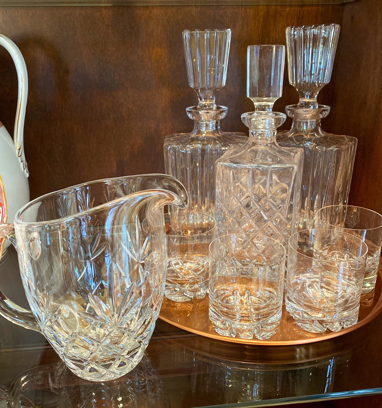 8-pc Barware: Glass And Crystal Decanters, Glasses, Pitcher, Metal Tray - Tallest Is 12 High
