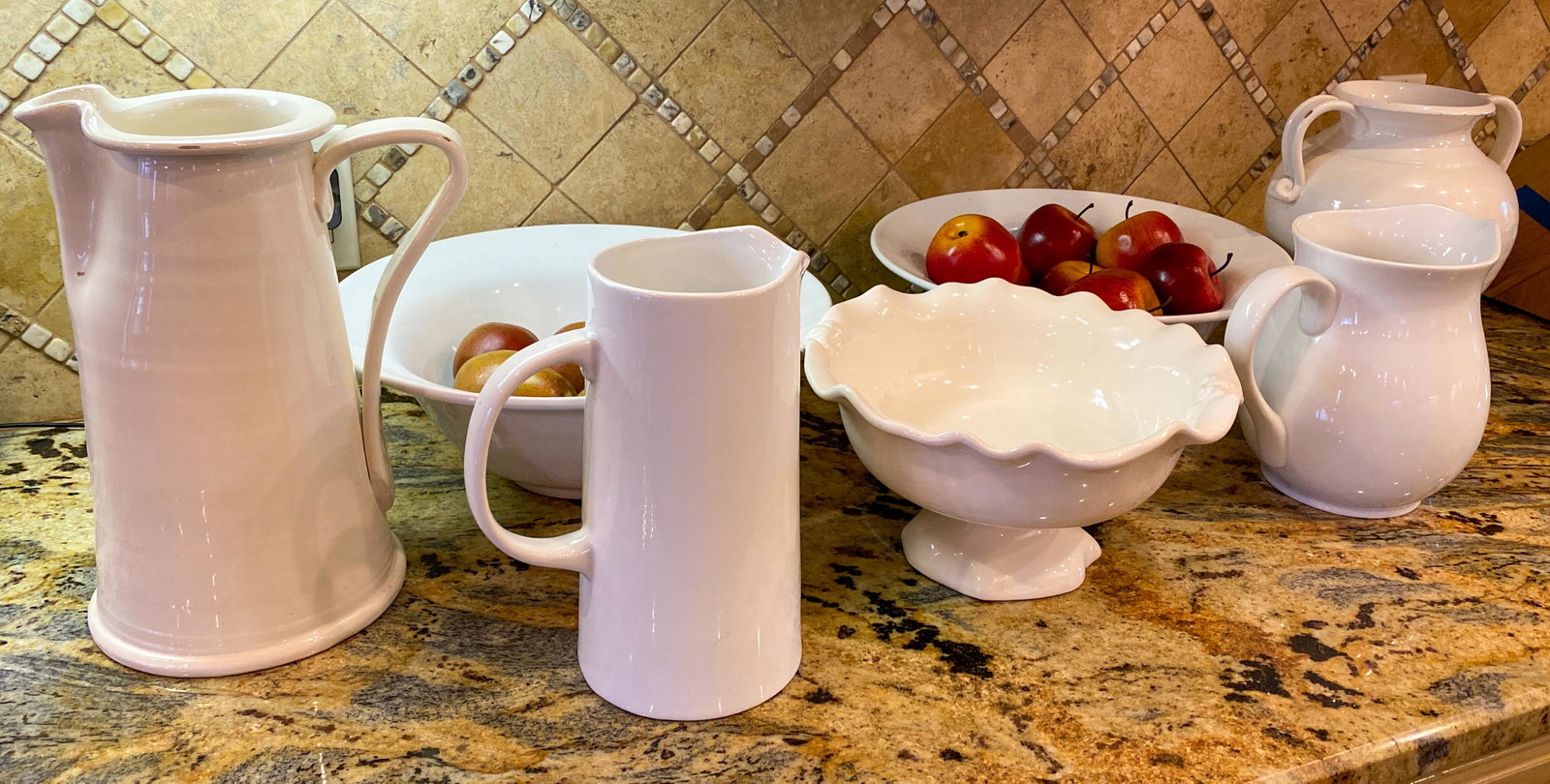 7 Pcs White Pottery: 2 Fitz And Floyd. Tallest 15h, 20c