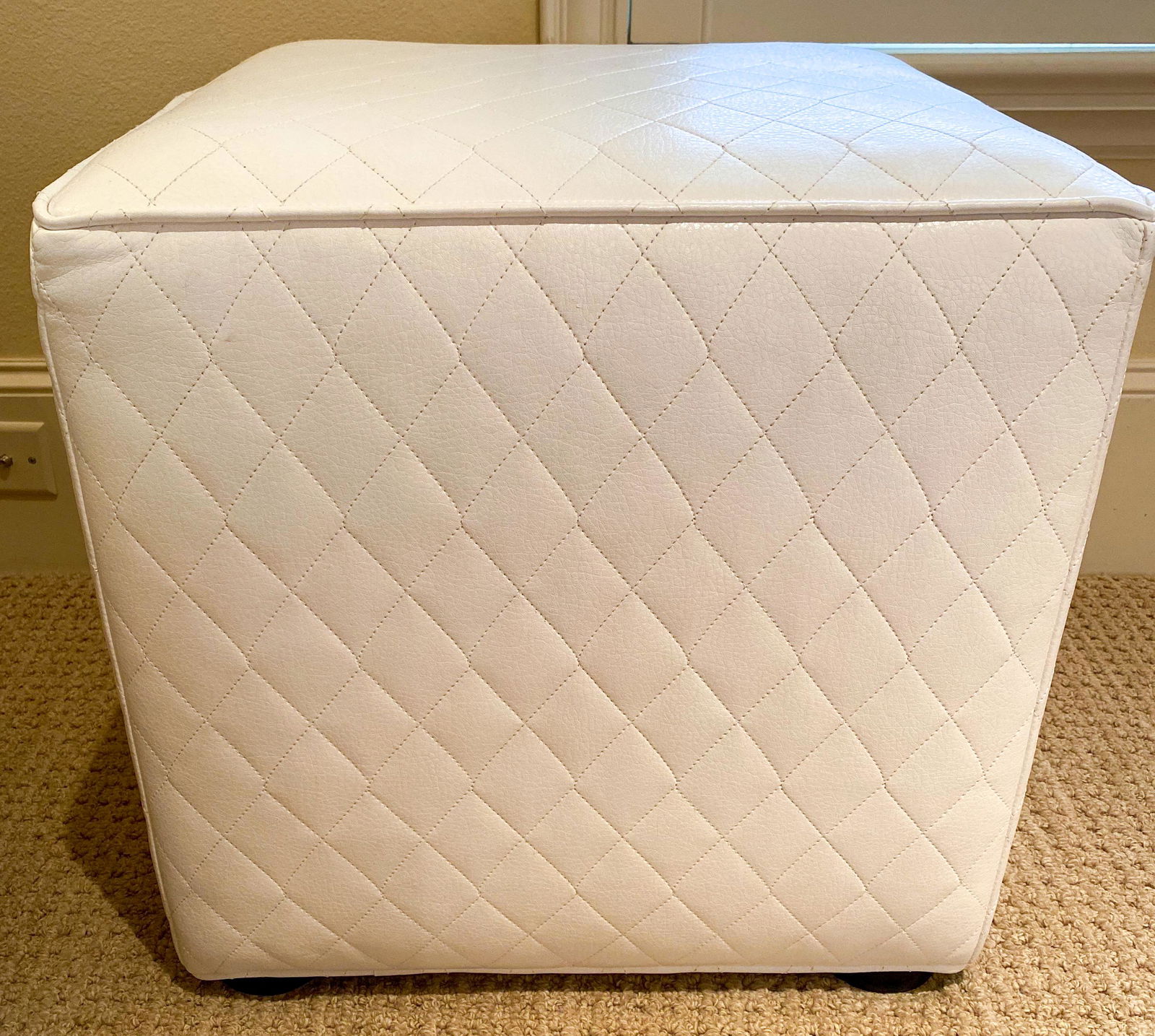 Thomasville Ottoman: Ottoman Or Pouf In Faux Leather 18x18. Wear and some damage (scuffs) to underside and one side.