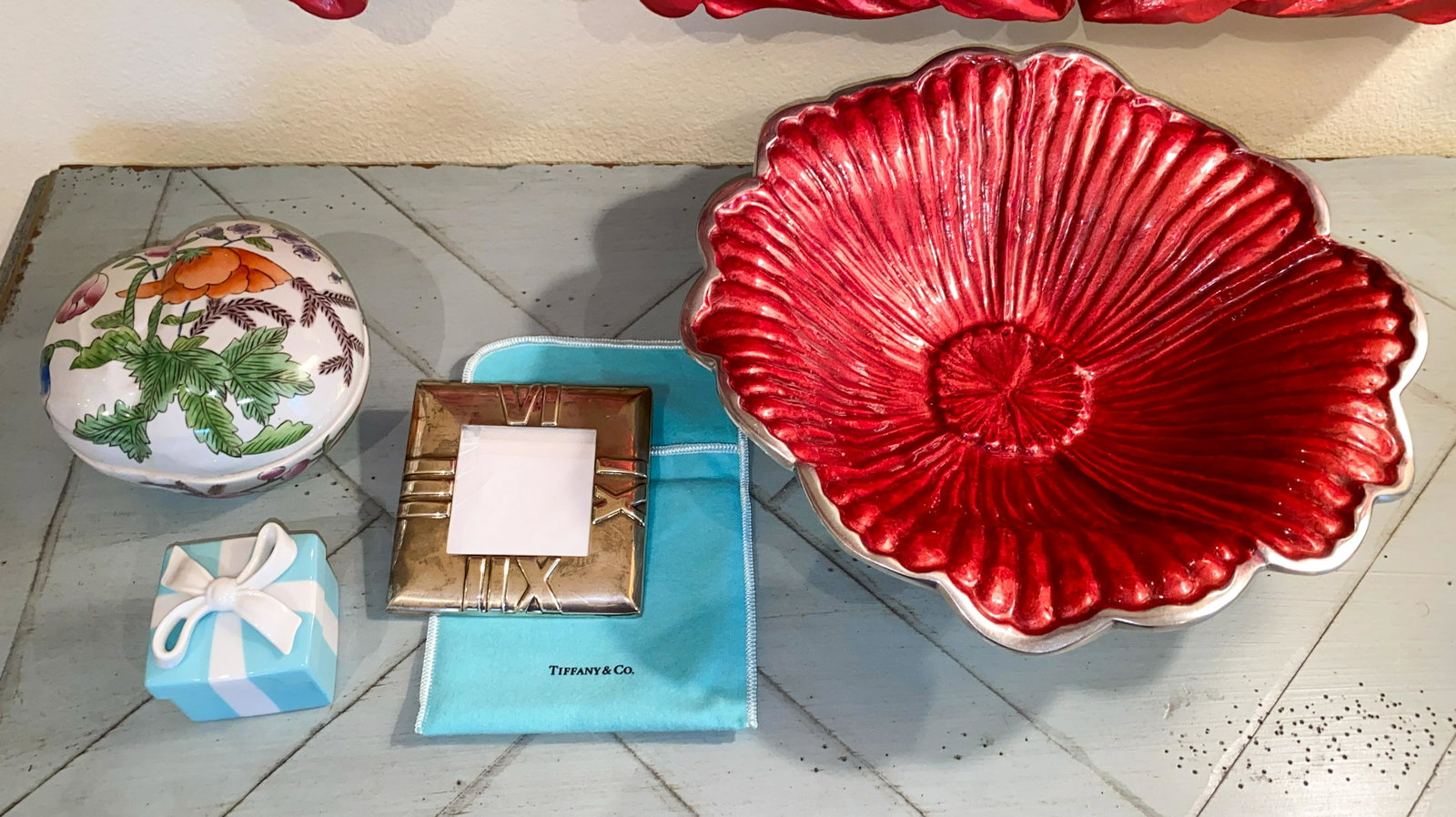 4pc Shelf Lot Including Tiffany: Tiffany Ring Box, Tiffany Frame, Decorative Bowl And Box
