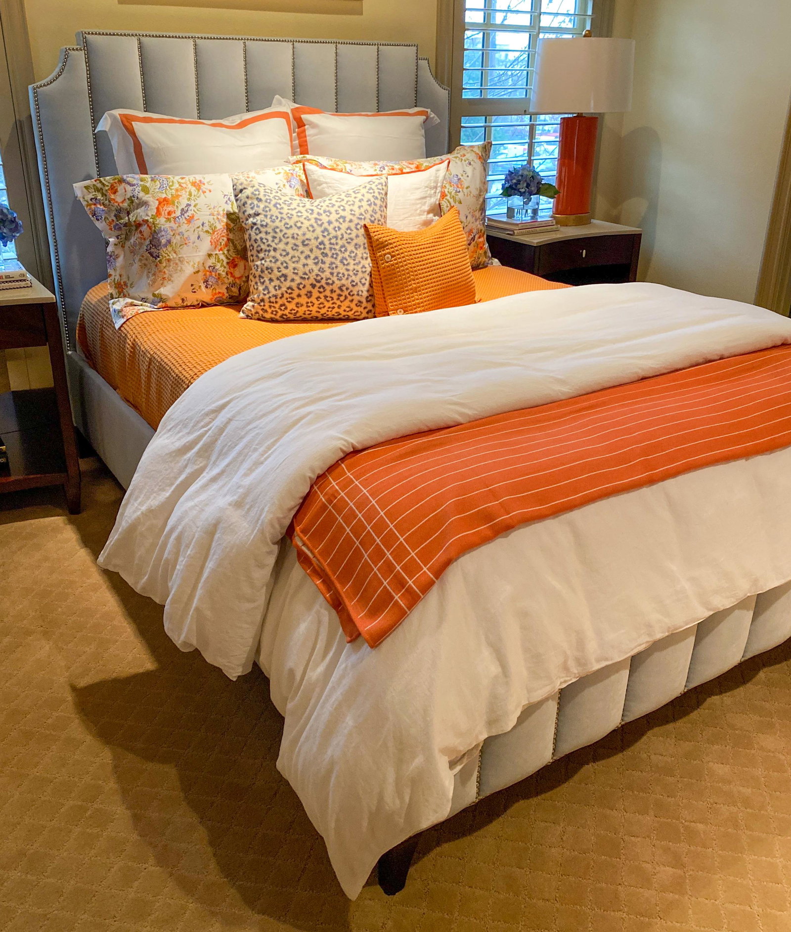 New Upholstered Velveteen Bed: 85.5 X 58 X 64.5 Like New, Excellent Condition. Will accommodate queen mattress. Bedding not included.