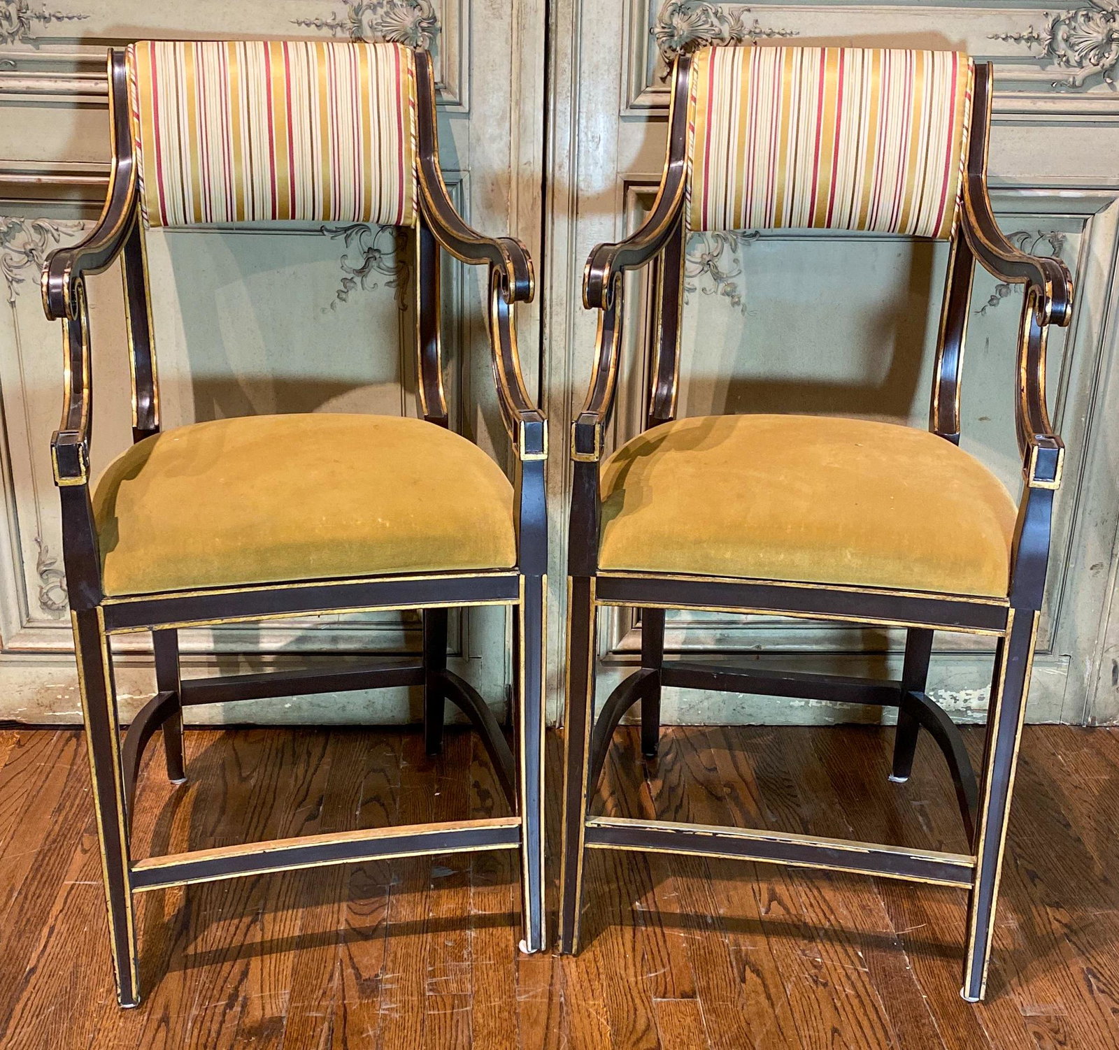 3 Regency Style Black Bar Stools: Black Lacquered, 22x20x43 Structurally Sound And Custom Made And Upholstered