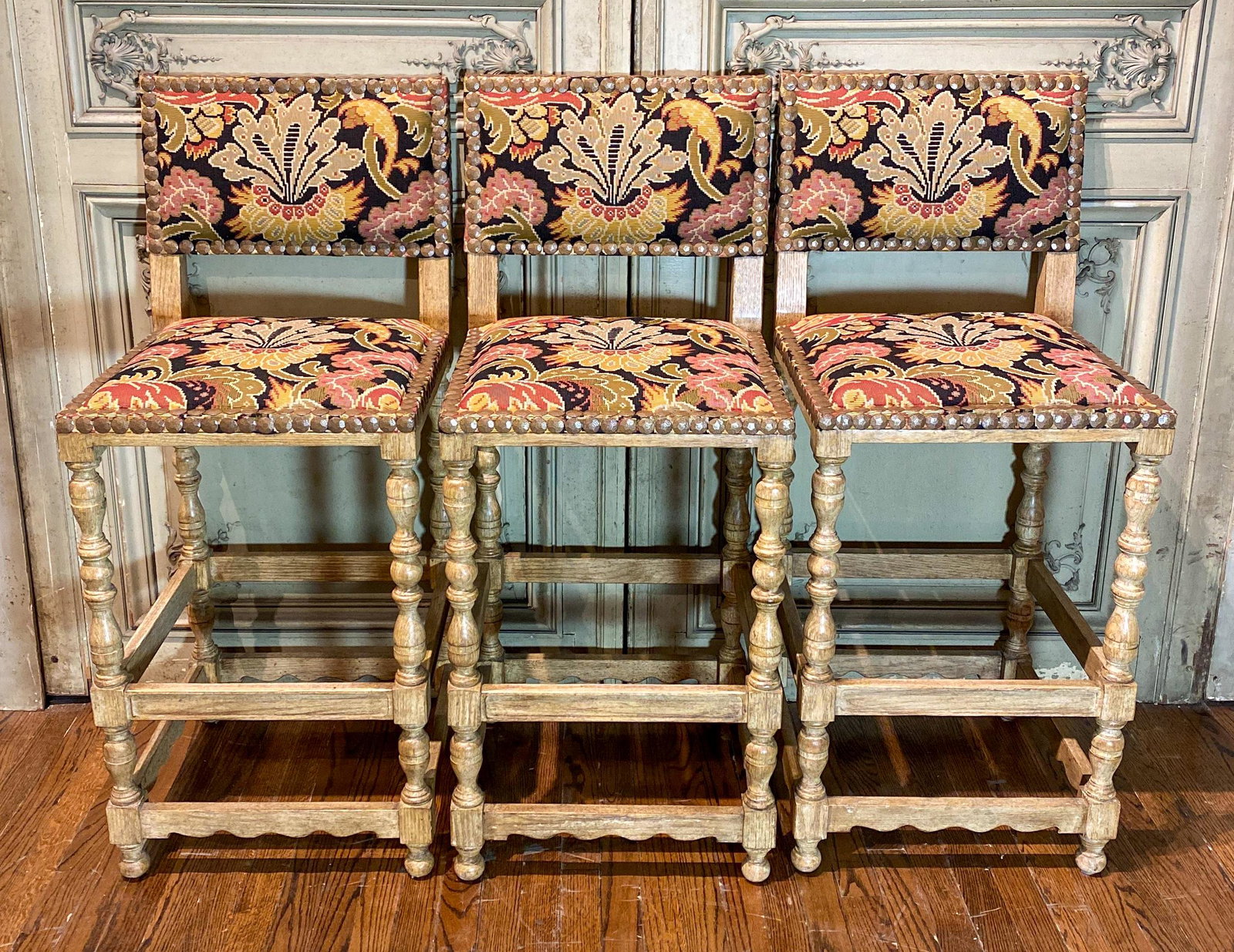 Lot Of 3 Barstools, Painted Finish, French Style: 44x18.5x20 Needlepoint Upholstery In Good Condition Seat Height Is 29.5