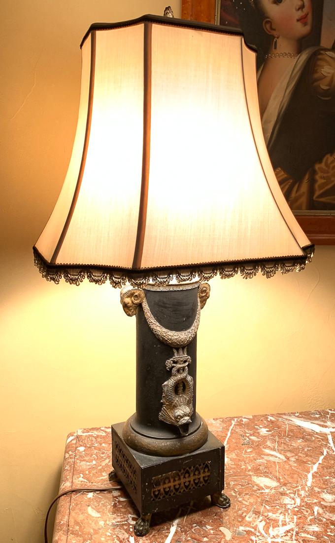 French Napoleon Iii Tole Lamp.: Empire Motifs And Having A Custom Made Silk Shade With Silk Trim, Circa 1880. 26 inches to top of harp. Tole container is 15 high.