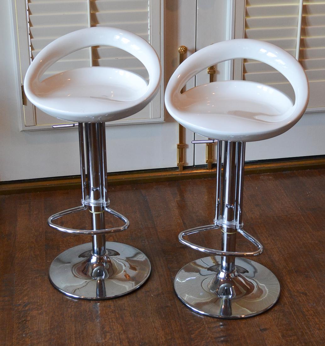 Pair Of Contemporary Bar Stools: Chromium Bases. 34h X 18w.