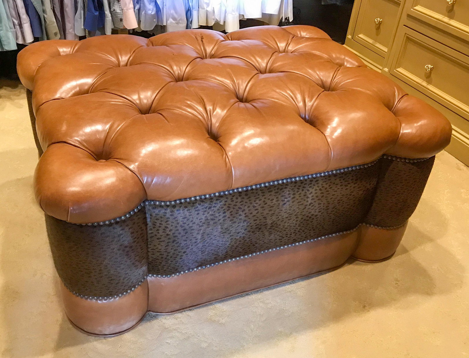 Tufted Leather And Hide Ottoman: Very High Quality Custom Upholstery With Nailheads 41 X 31 X 19