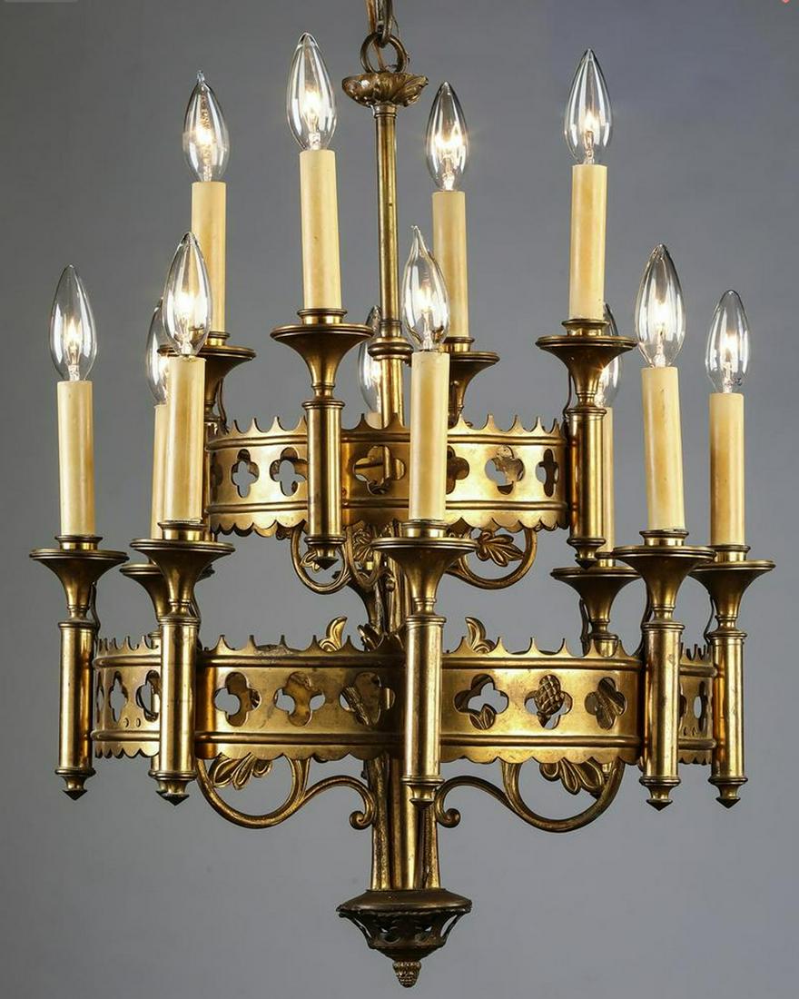 An Antique English Gothic Chandelier: Solid Brass; 11 Lights And Good Age: Heavy Quality 26 H X 20 W