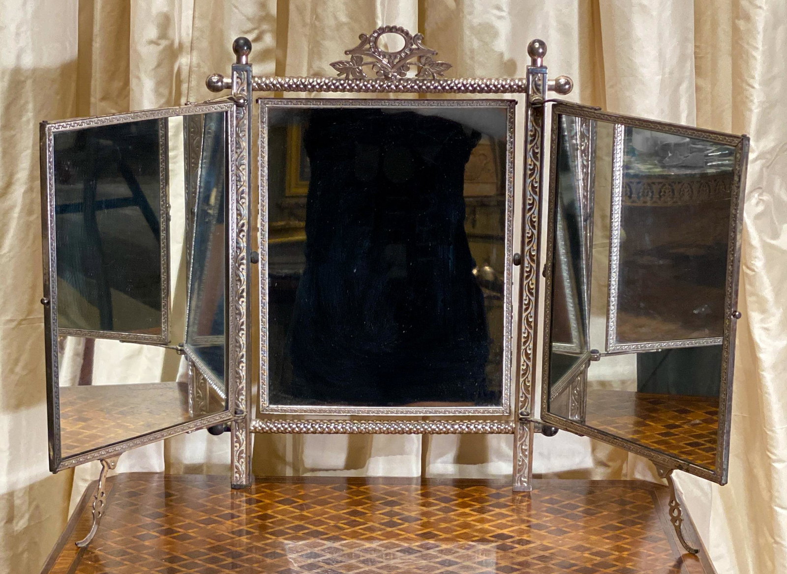 English Silver Plated Dressing Mirror: Antique collapsible travel dressing mirror, c. 19th c, 26.5 x 15