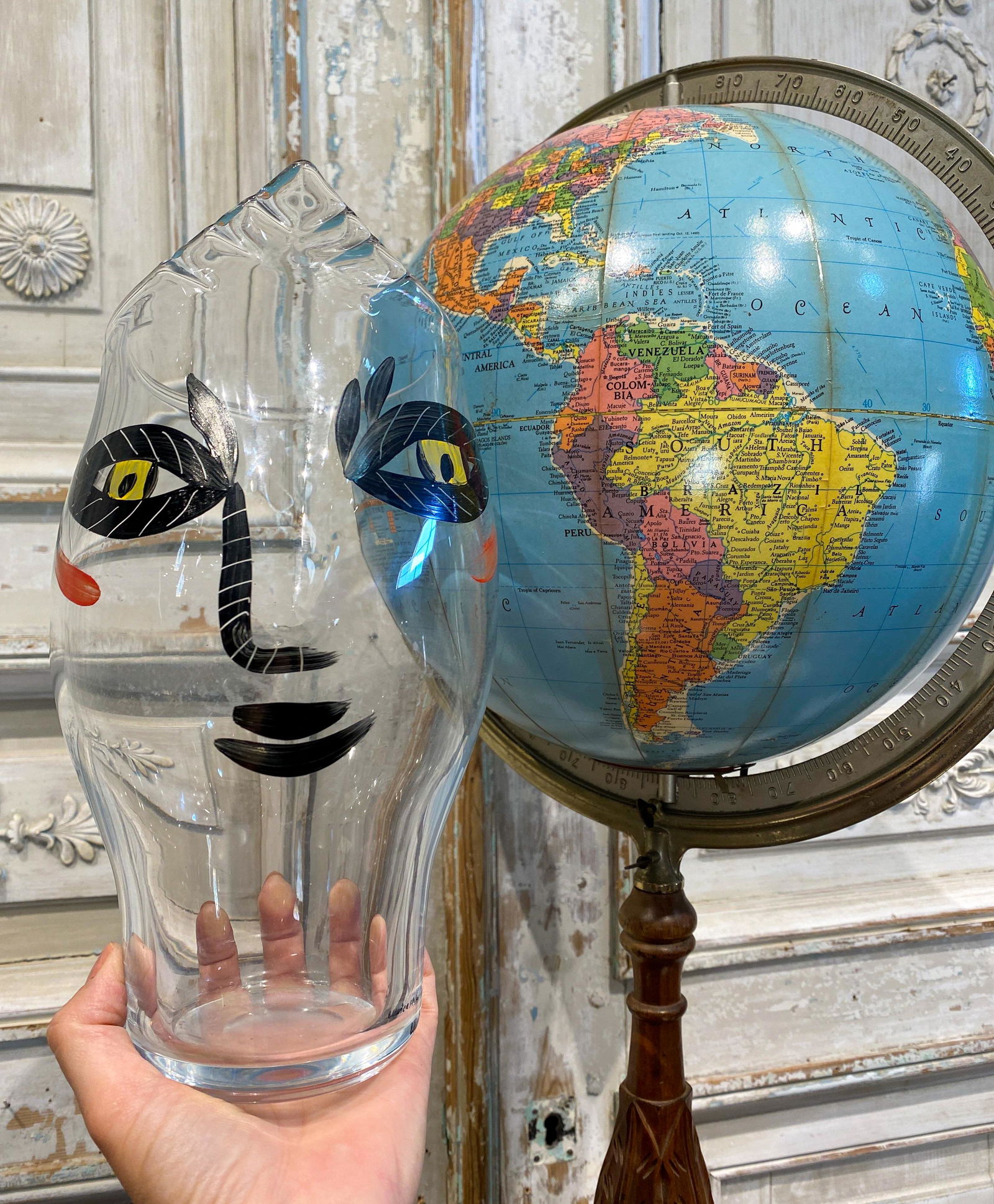 2 Piece Lot; Globe And Pitcher: Vintage Repogle Library Globe On Stand And Signed Pitcher