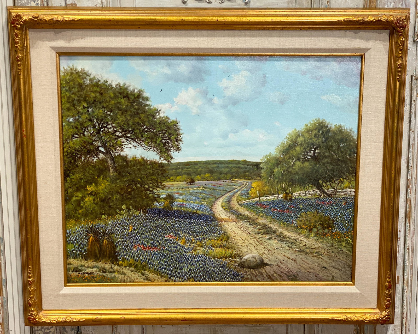 Bluebonnet Road By Daniel Maldonado: 2007, Austin, Texas artist Good condition, see photos. The sight area of painting in frame is 23.5h x 29 5/8w.