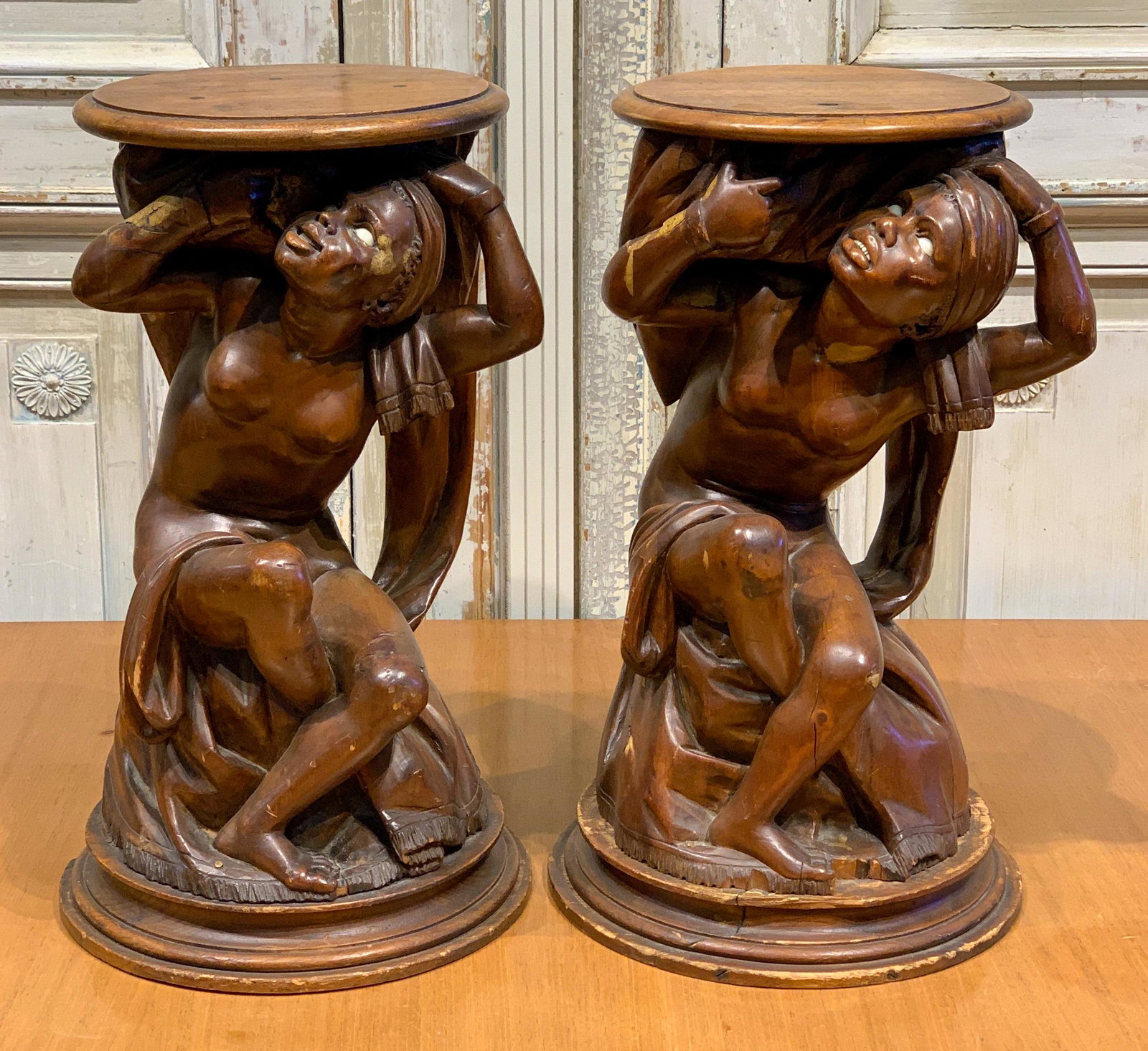 19th C. Pair Of Italian Blackamoor Pedestals: Please Note: Due To The Nature Of This Historical Item, Jga Will Not Accept Profit From Sale. Commission And Buyer's Premium On This Item Will Be Donated To A Charity To Further Awareness And Preventi