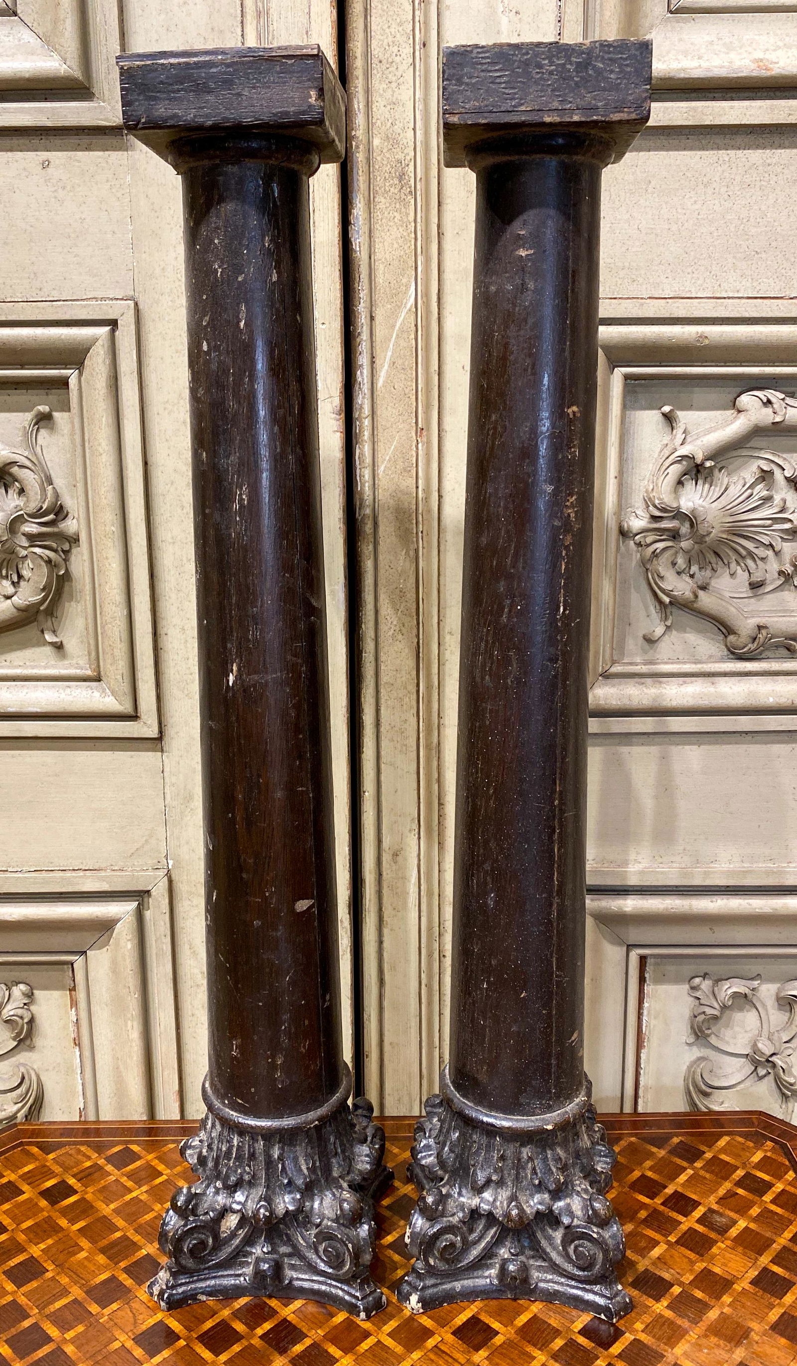 Petite Pair Of Columns, Corinthian Caps: Painted Black 20.5h Probably Early 20c