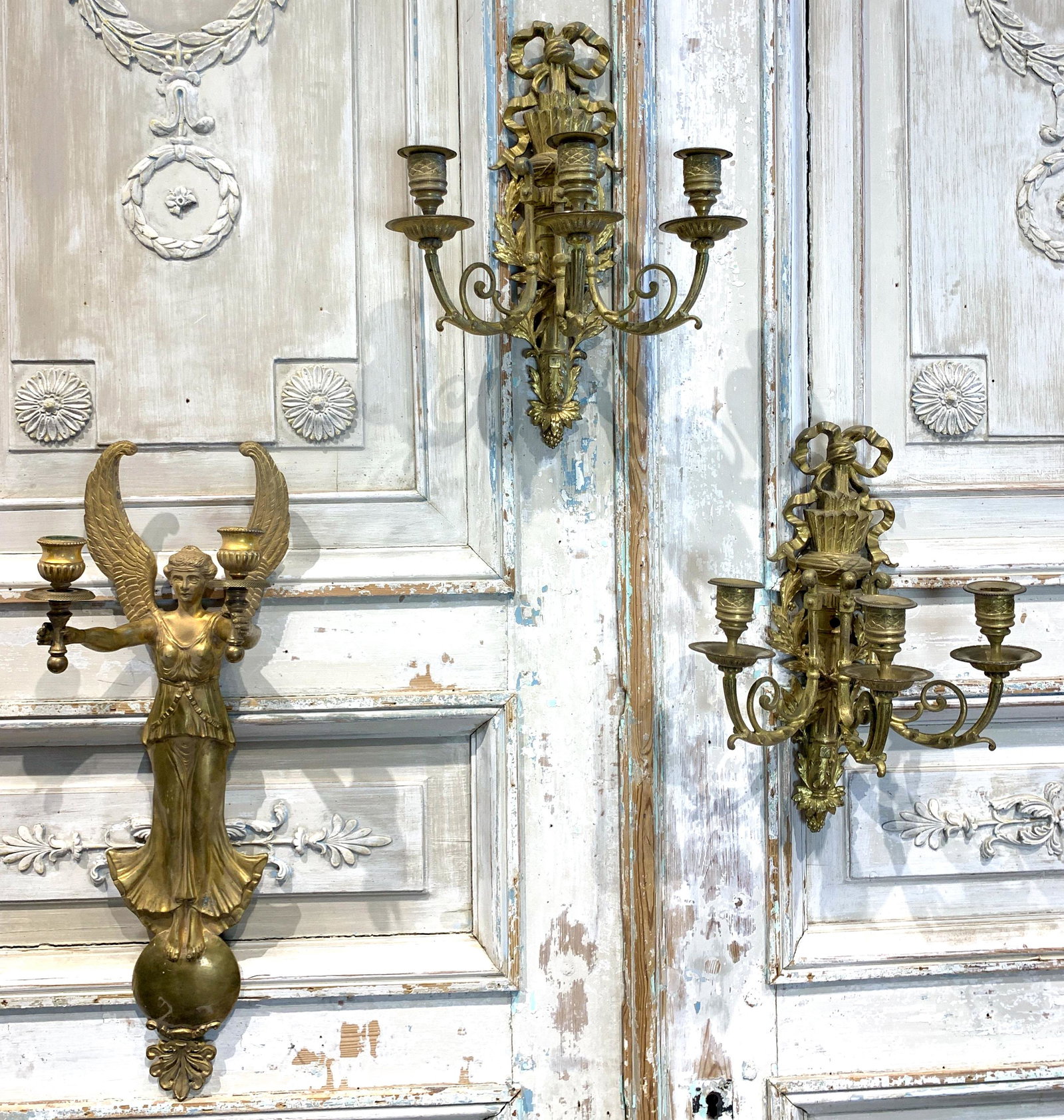 French Empire Bronze Sconce And Pair Sconce: With Pair 3 Light French Sconce Large One Is 22 H