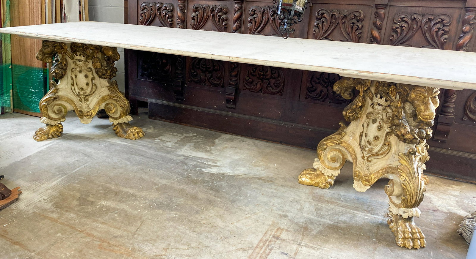 Italian Painted Table Base: Temporary top added later. Top is 9 feet by 30inches Pedestals are 33 dia x 26h 19c Bases