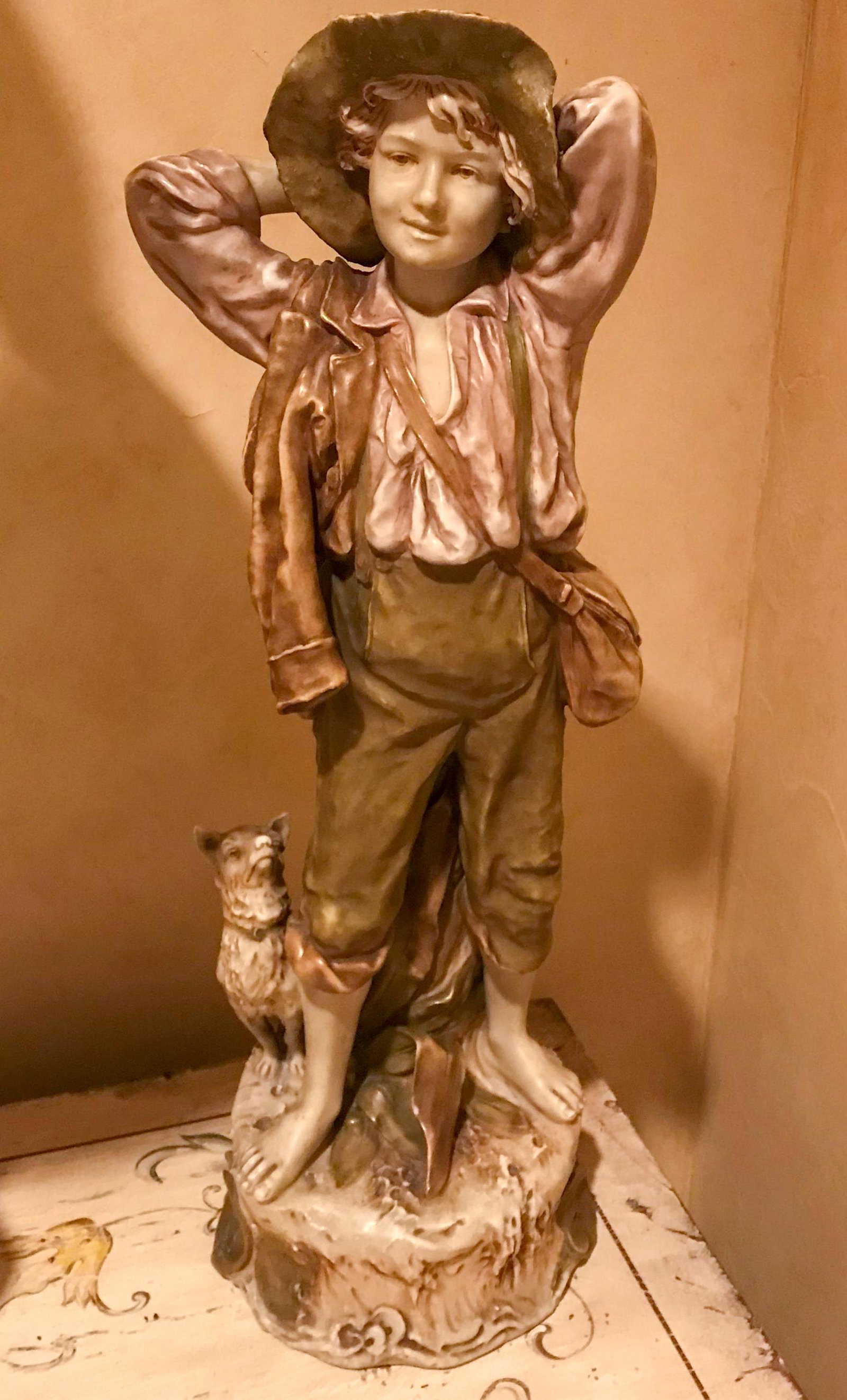 Royal Dux Sculpture Of Young Boy And Dog: Approx 28 H