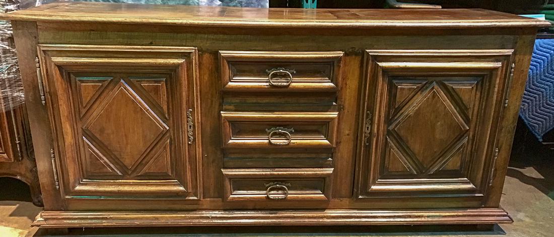Antique Walnut Belgian Server.: Clean Lines Fitted With Three Drawers Flanked By Cupboards Having Diamond-shaped Panels. Bold Trim Overall. Well Aged Patina. Structurally Sound. 39h X 58w X 22d.
