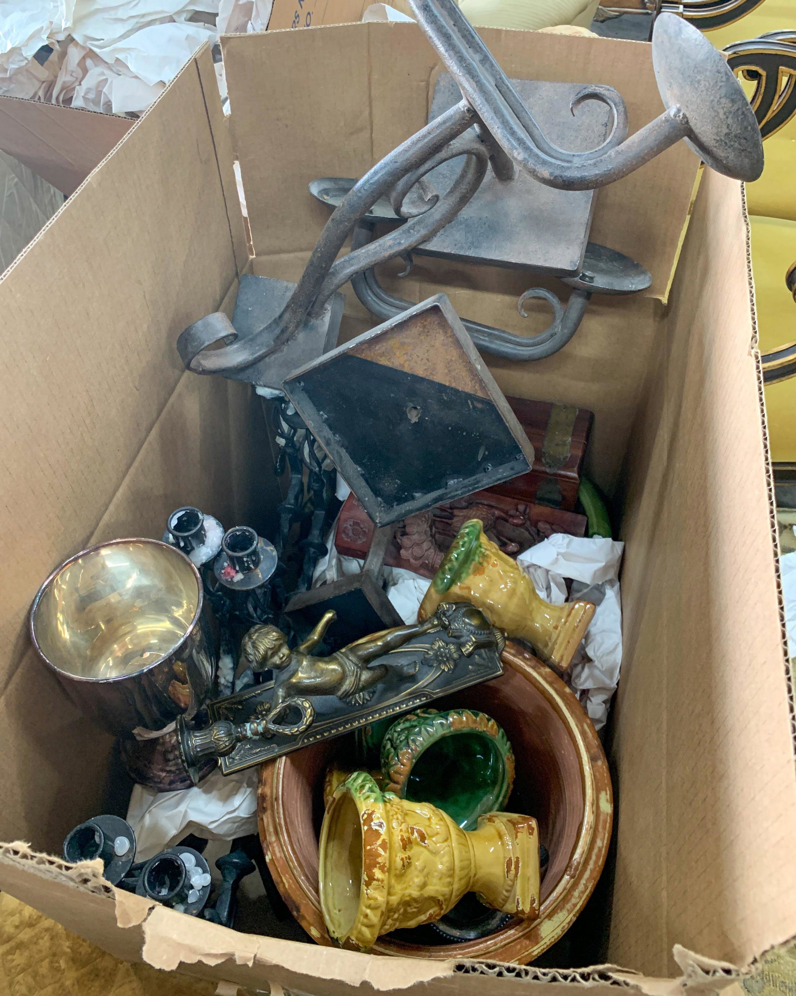 Box Lot Of Glazed Pots, Sconce, Iron Candelabra: Orientalists etc