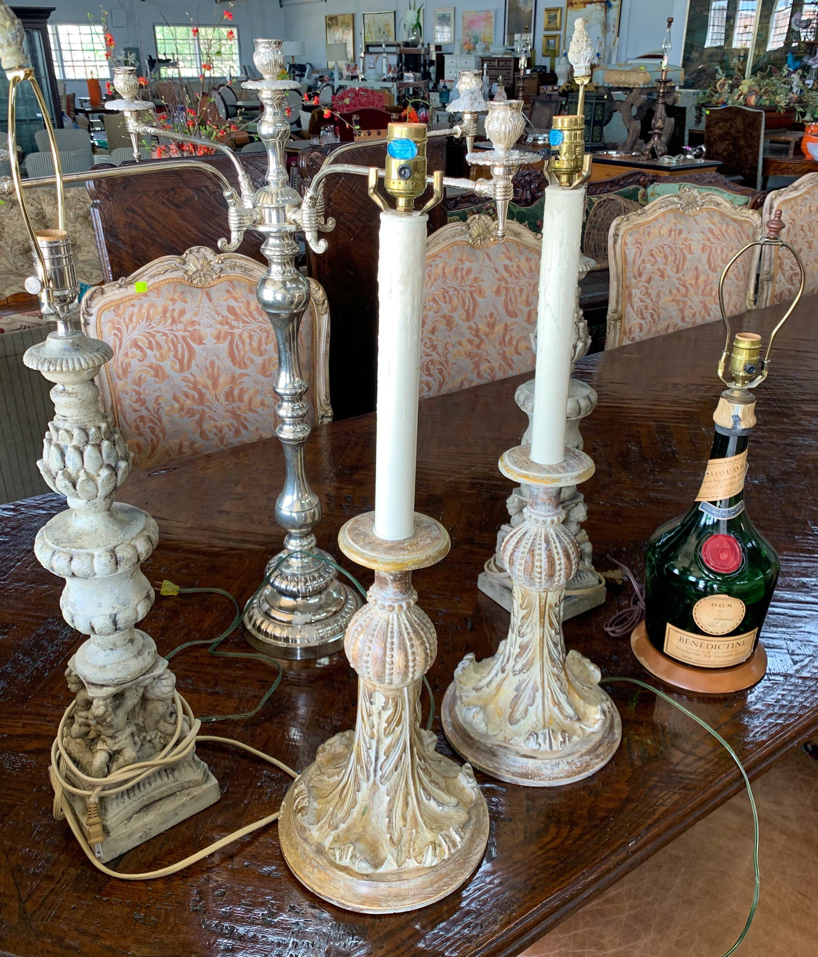 Lot Of Lighting: 2 Pairs Of Lamps, A Tall Polished Candelabrum, And A Champagne Bottle Lamp