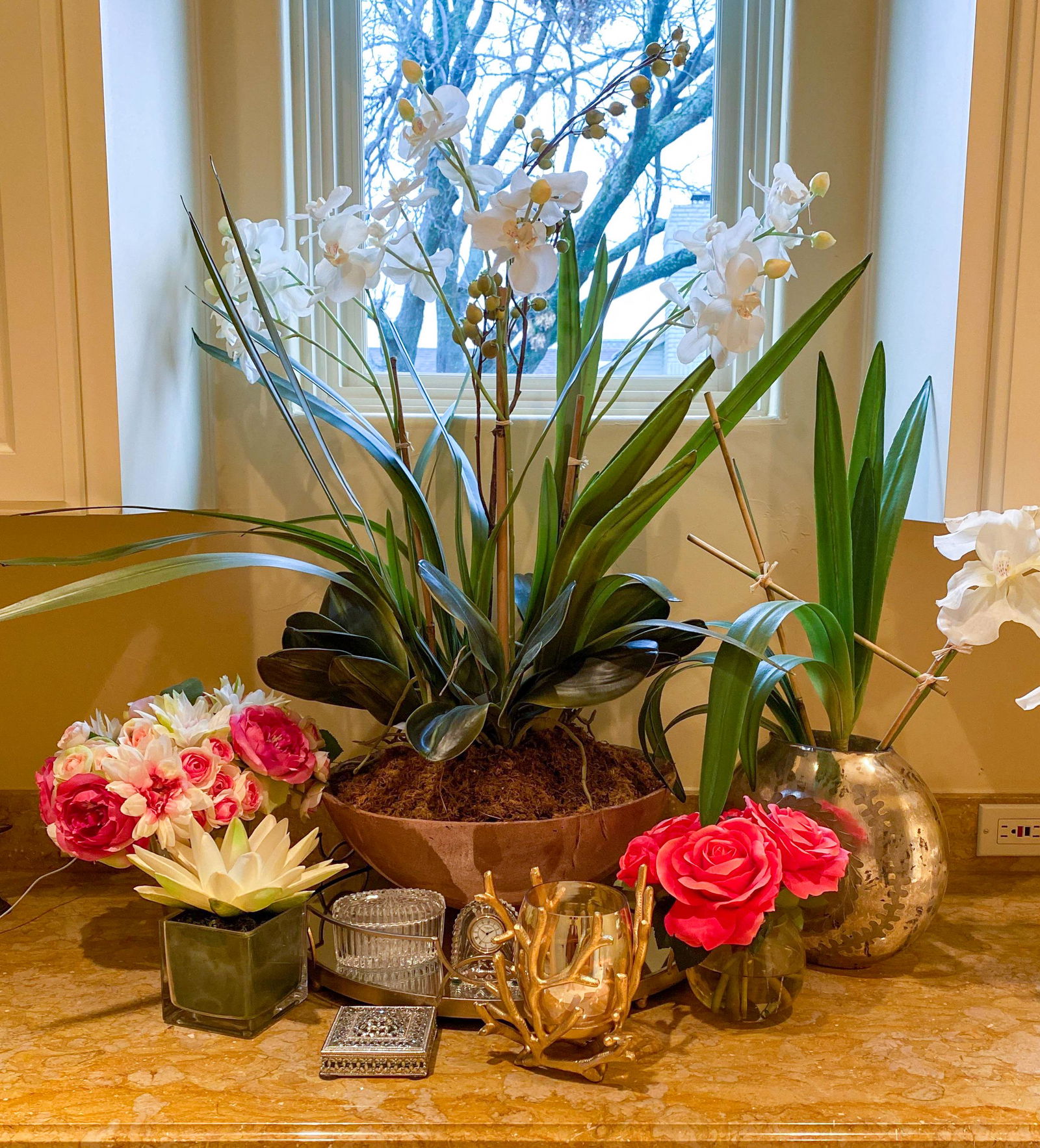 10 Piece Stager's Delight: Florals And Decorative Boxes. 1 Waterford Clock And 1 Votive. Center Rearrangement Is 37high. All From Gary Riggs