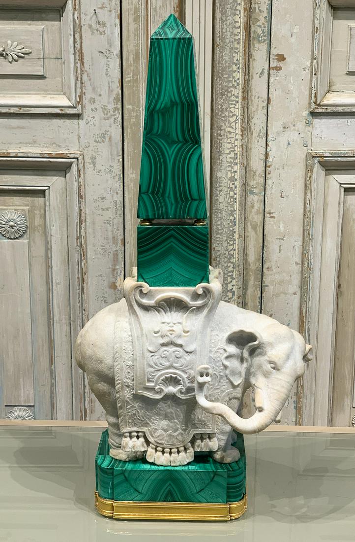 Superb Carved Stone And Malachite Obelisk: Detailed Carved Elephant Supporting Obelisk And Resting On Base With Gilt Trim. Unique Statement Piece. Base Toward Underside Has Some Slight Chips As Evident In Photos. Inspect Images For Some Micros