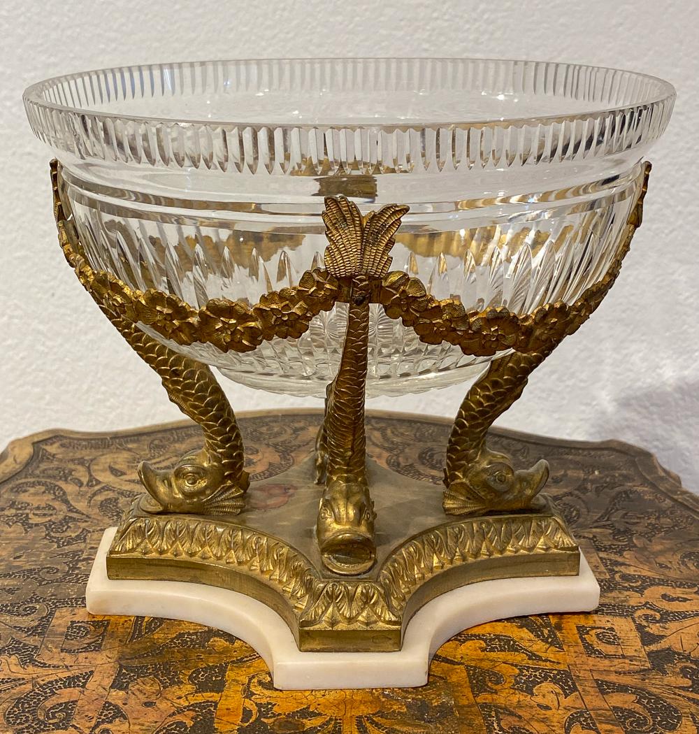 19c Bronze And Crystal Compote On Dolphin Form Base: 6 1/4 Inches High, Good Antique Condition with one chip and a couple of minor flea bites.