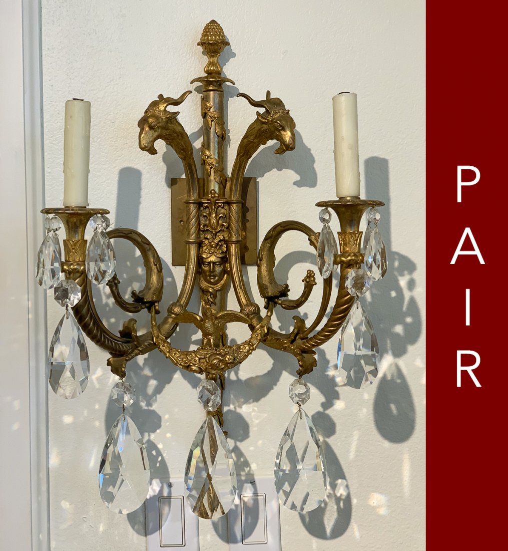 Fabulous Pair Of 19th Century French Sconces: Finely Cast Dore Bronze Featuring 's Goat's Heads. With Crystals And 2 Lights. Each 24h X 15w X 8.5d. Very Good Condition.