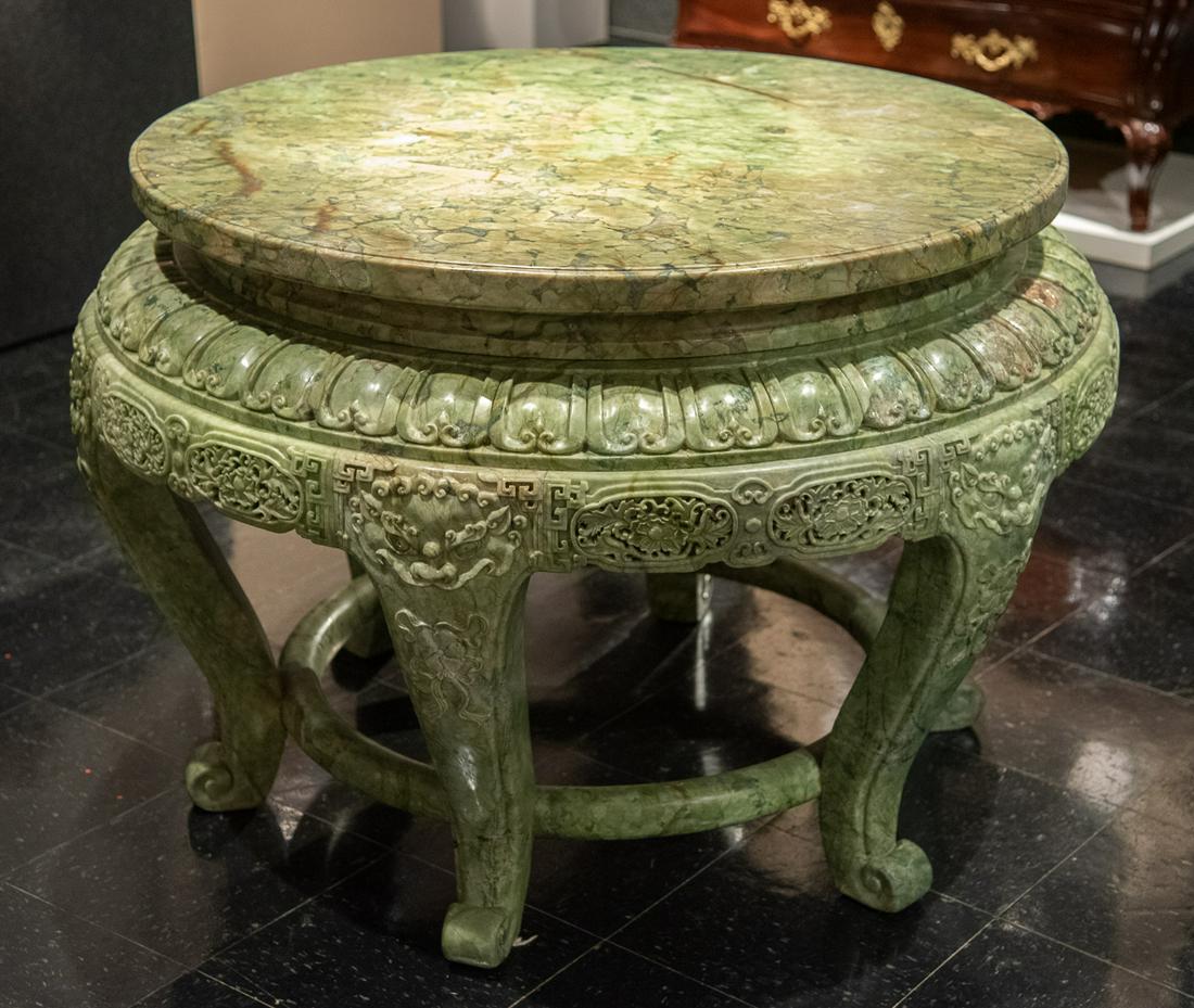 Extraordinary Center Table Of Carved Jadeite - A: Fabulous Chinese Center Table Carved Entirely Of Luminous Pale Yellow-green Jadeite. Only Minor Surface Scratches. Note: We Will Not Provide Loading Or Packing Help For This Piece. It Will Need To Be 