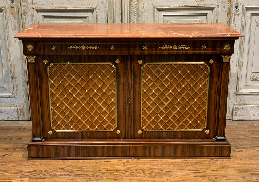Fine French Rosewood Buffet: With Gilt Brass Grilles Over Doors And Salmon Marble Top. Early 20th C. 65l X 22d X 40h. Very Nice Condition.