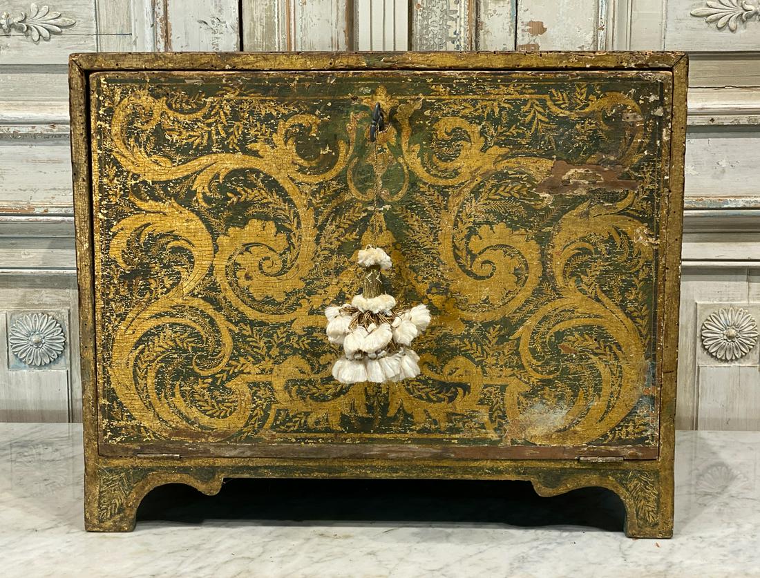 18th Century Venetian Chest: Possibly Earlier. With Original Green And Gold Paint. Key Included, Lock Needs Minor Adjusting. 21x14.5x17 1/4.