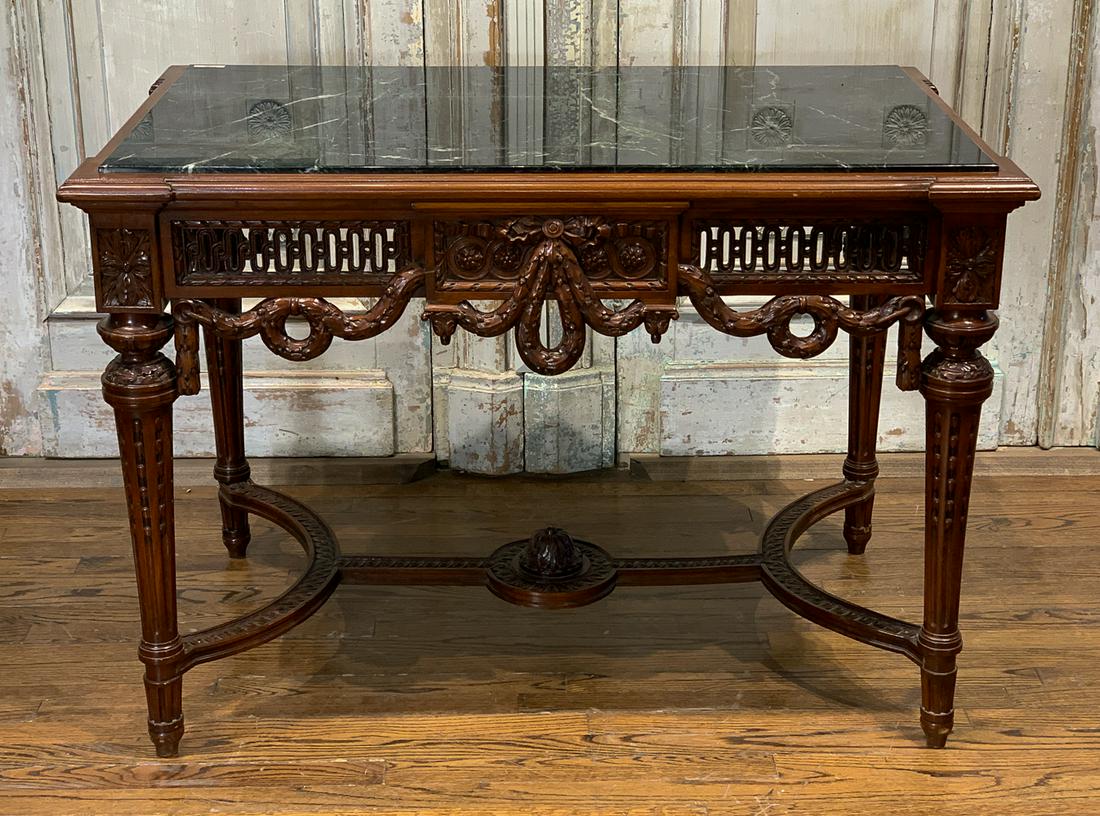 French Carved Walnut Center Table: 20th Century With Inset Marble Top And Carved Draping Swag. 44.75w X 28.25d X 31.5h. See Photos For Good Antique Condition.